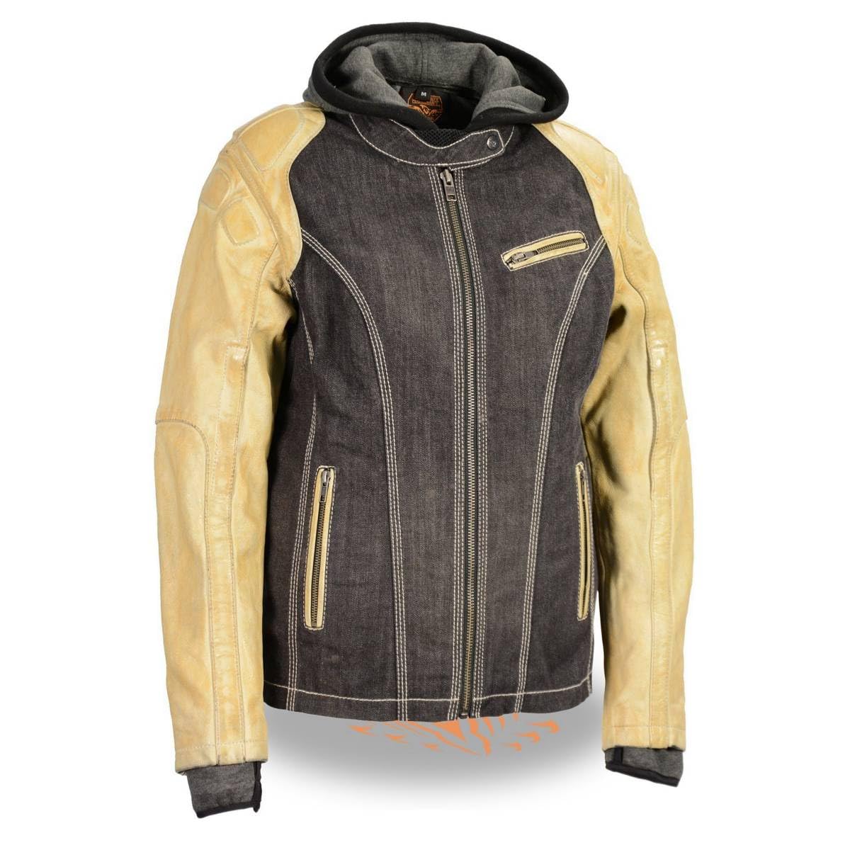 Milwaukee Leather MDL2005 Women's Hooded Two-Tone Black & Beige Denim Leather Scuba Jacket - Stylish Outerwear for Casual Wear & Motorcycle Riding