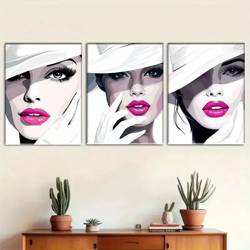 3-Piece Stylish Fashionista Faces Triptych Wall Art Set - Framed Canvas 40x60cm (16x24in) - High Quality Print, 100% Australian Made, Ready to Hang - Perfect for Living Room, Bedroom & Office Decor