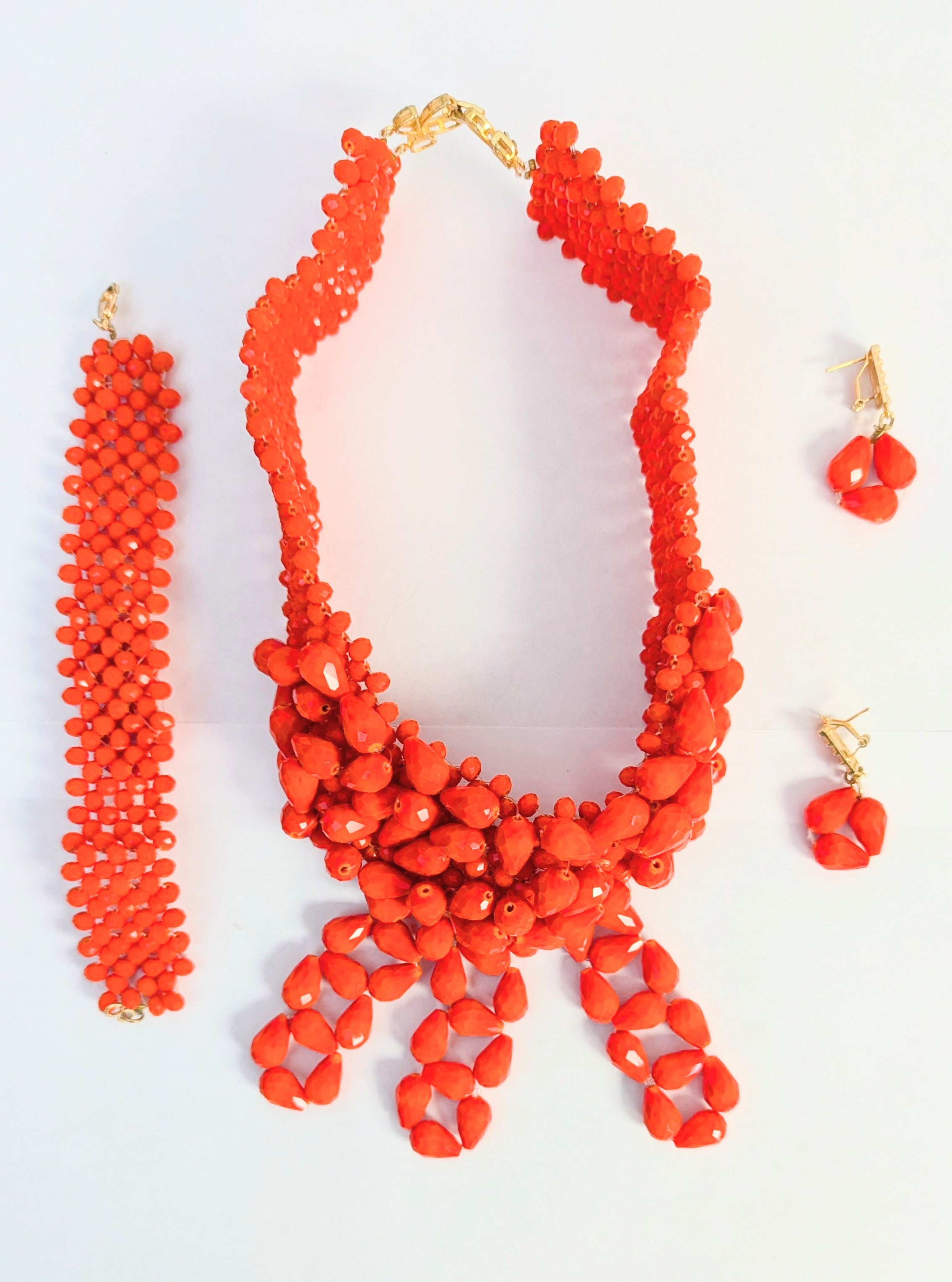 Dupsie's African Beaded Jewelry Set - Coral Red & Gold Necklace, Bracelet, Earrings | Handmade Tribal Bead Accessories for Women | Perfect for Weddings, Parties & Cultural Events