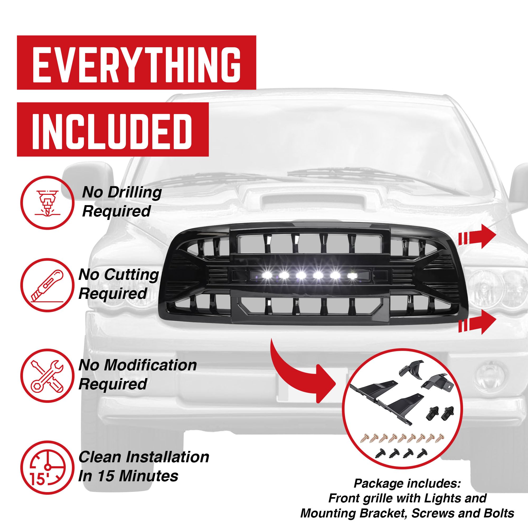 2009-2012 Dodge Ram 1500 Off-Road Grille with LED Lights | Glossy Black Armor Grille Replacement | Enhanced Front End Protection for Truck Enthusiasts | Perfect for Off-Roading, Truck Shows & Daily Driving