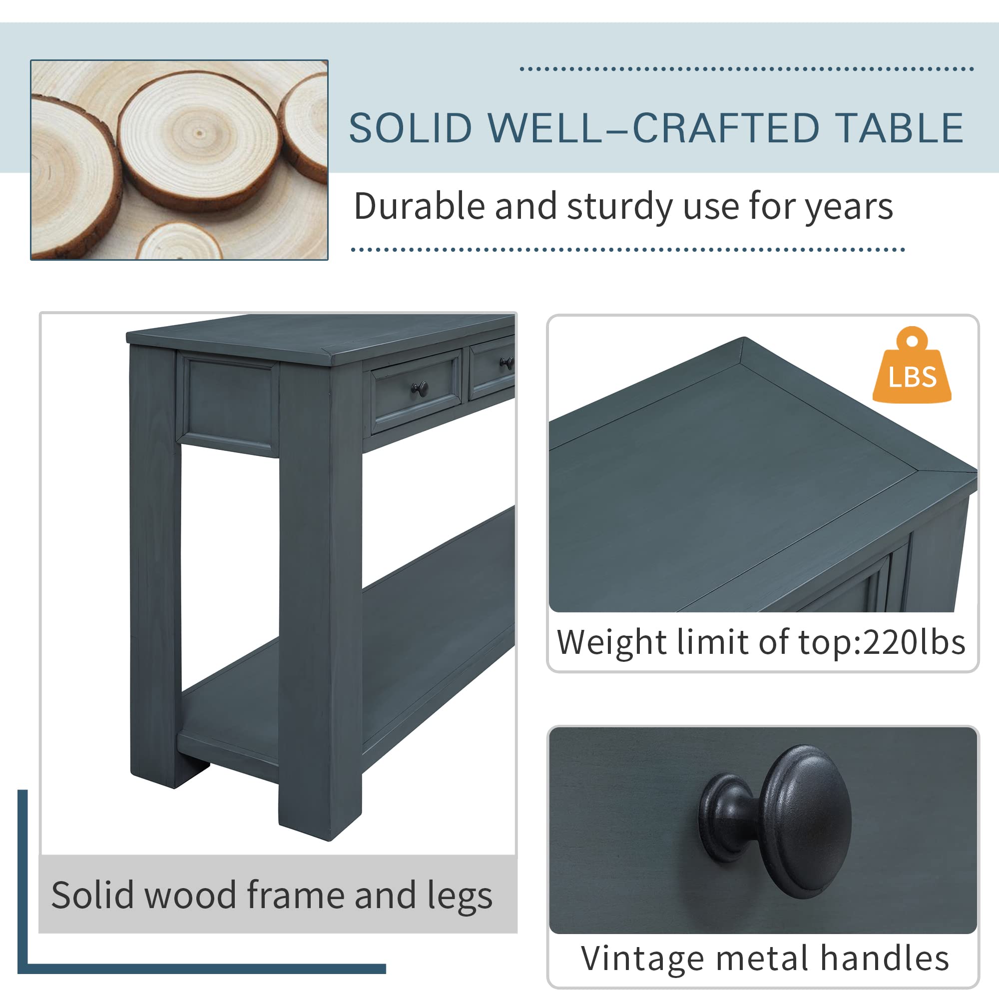 Modern Solid Wood Console Table with 4 Drawers & Shelf - Sturdy Entryway Sofa Table for Living Room, Bedroom, Hallway - Blue (2-Tone) - Perfect for Small Space Organization & Home Decor