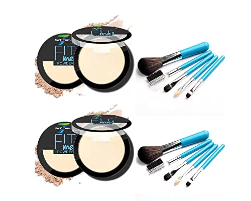 Oil Control Compact Powder - SIRF TUM 7 FITME Pore-less Pressed Powder for Matte Finish & Shine Control | Natural Look with 5pc Brush Set (Pack of 2) | Perfect for Daily Makeup & Touch-ups