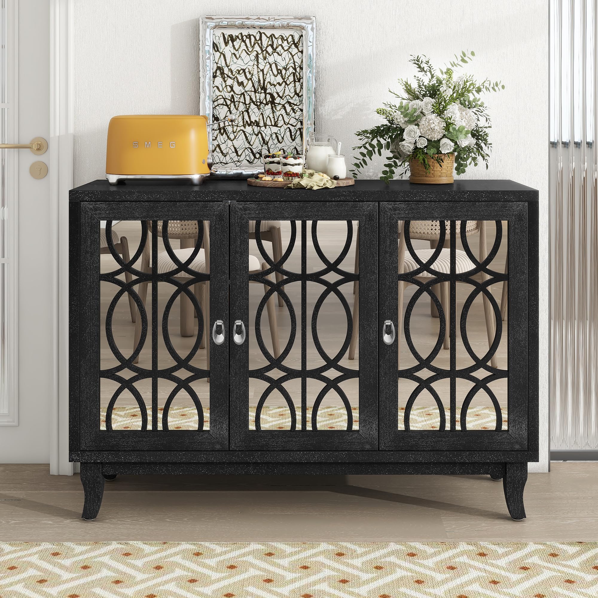 Polibi Retro Wooden Storage Sideboard with 3 Mirror Doors - Silver Handles & Adjustable Shelves Buffet Cabinet for Dining Room, Living Room, Entryway - Perfect for Home Decor, Storage Organization & Vintage Style Interiors (Black)