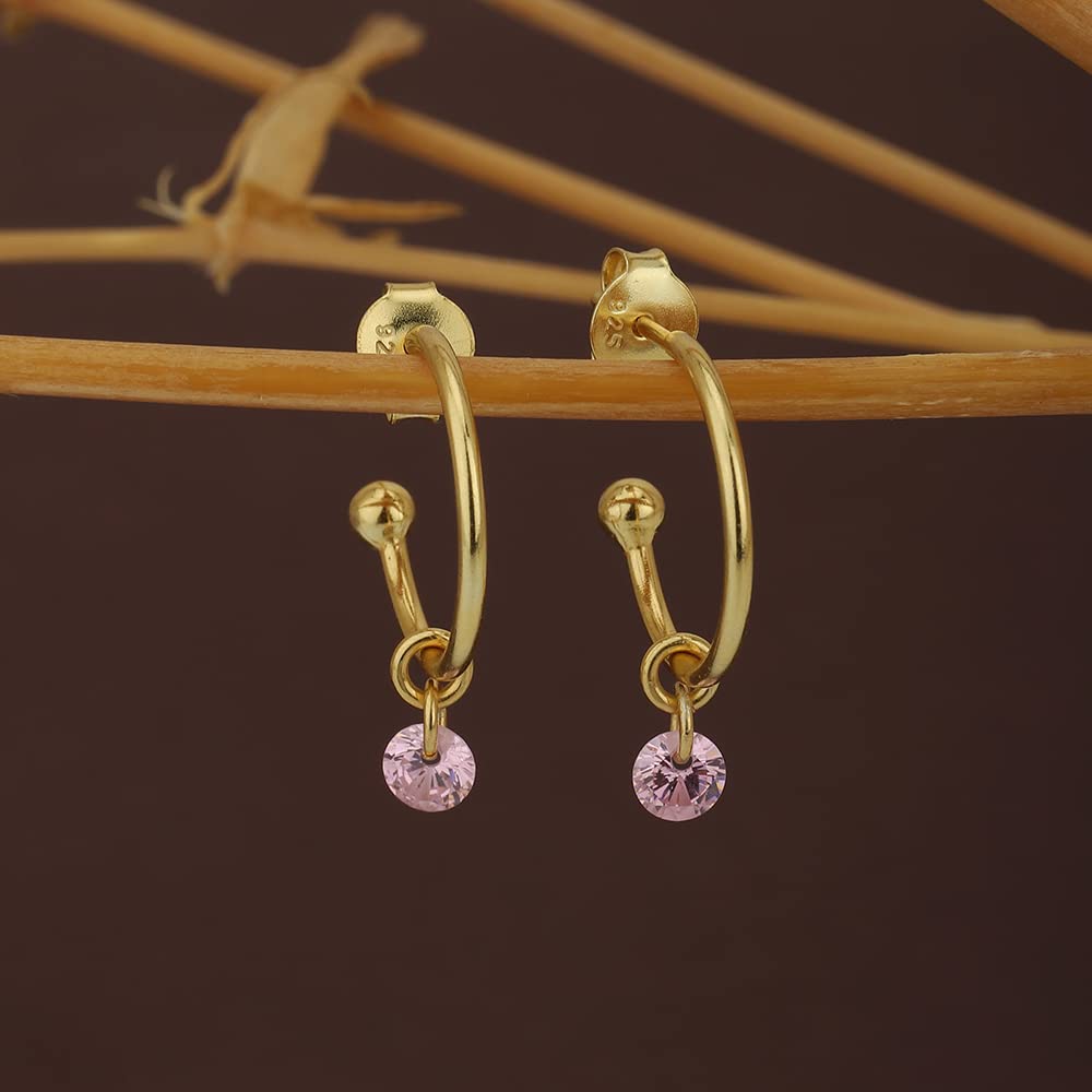 Vanbelle Sterling Silver Half Hoop Earrings with Dangling Pink Cubic Zirconia & Gold Plating - Elegant Dangle Earrings for Women & Girls | Perfect for Parties, Weddings & Everyday Wear