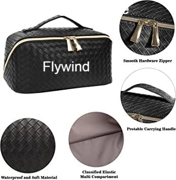 Flywind Travel Makeup Bag for Women - PU Leather Cosmetic Organizer with Large Opening | Portable Toiletry Case for Makeup Brushes & Cosmetics | Perfect for Vacation, Gym & Daily Use (Black)