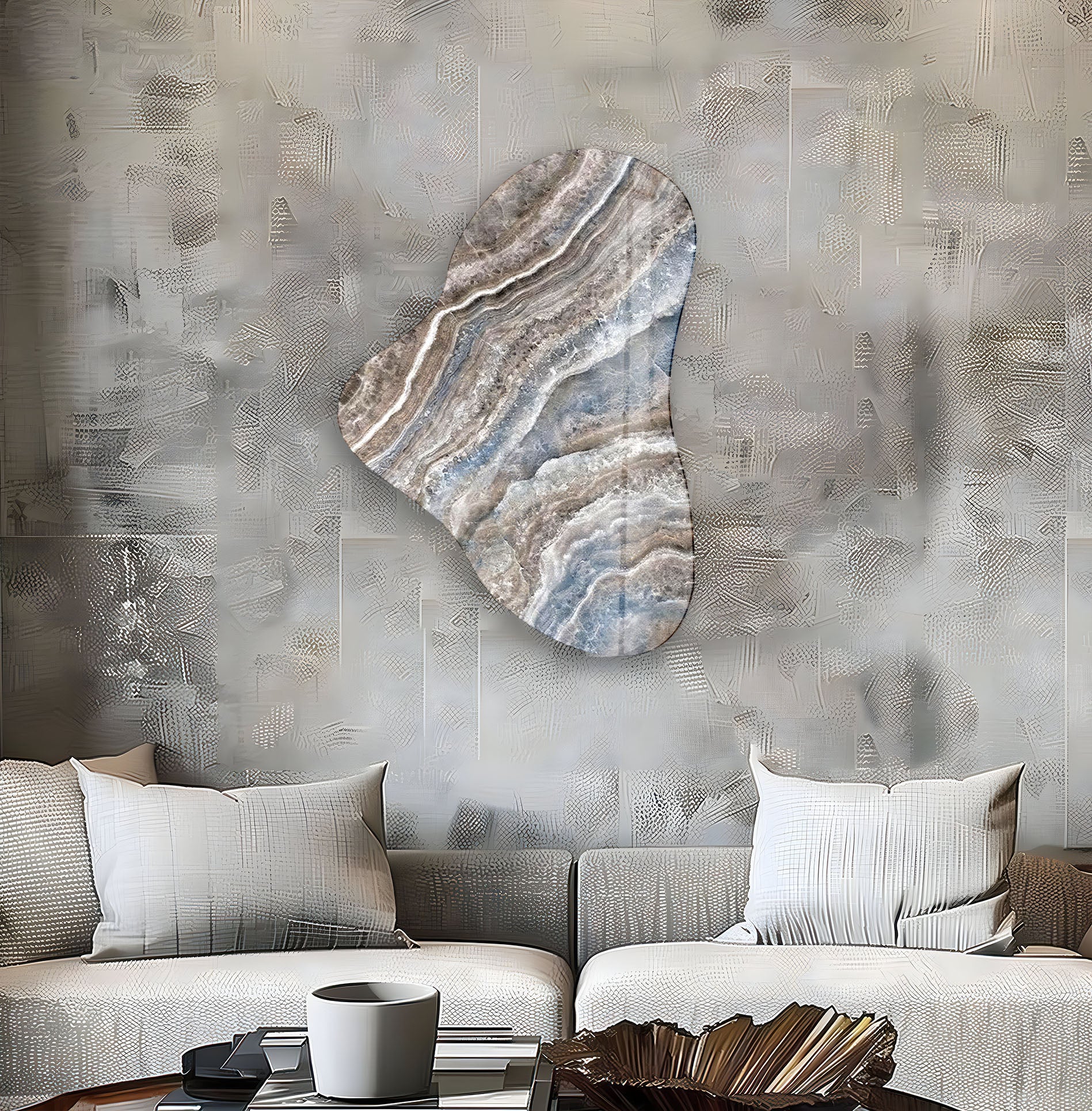 Blue & Beige Marble Asymmetric Glass Wall Art - Modern Abstract Home Decor for Living Room, Bedroom & Office - Perfect for Contemporary Interior Design