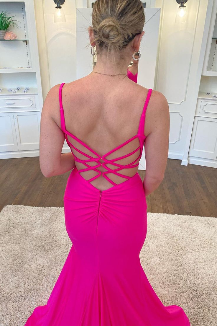 Elegant Hot Pink V-Neck Backless Mermaid Long Formal Evening Gown J6136 for Prom, Wedding, and Special Occasions