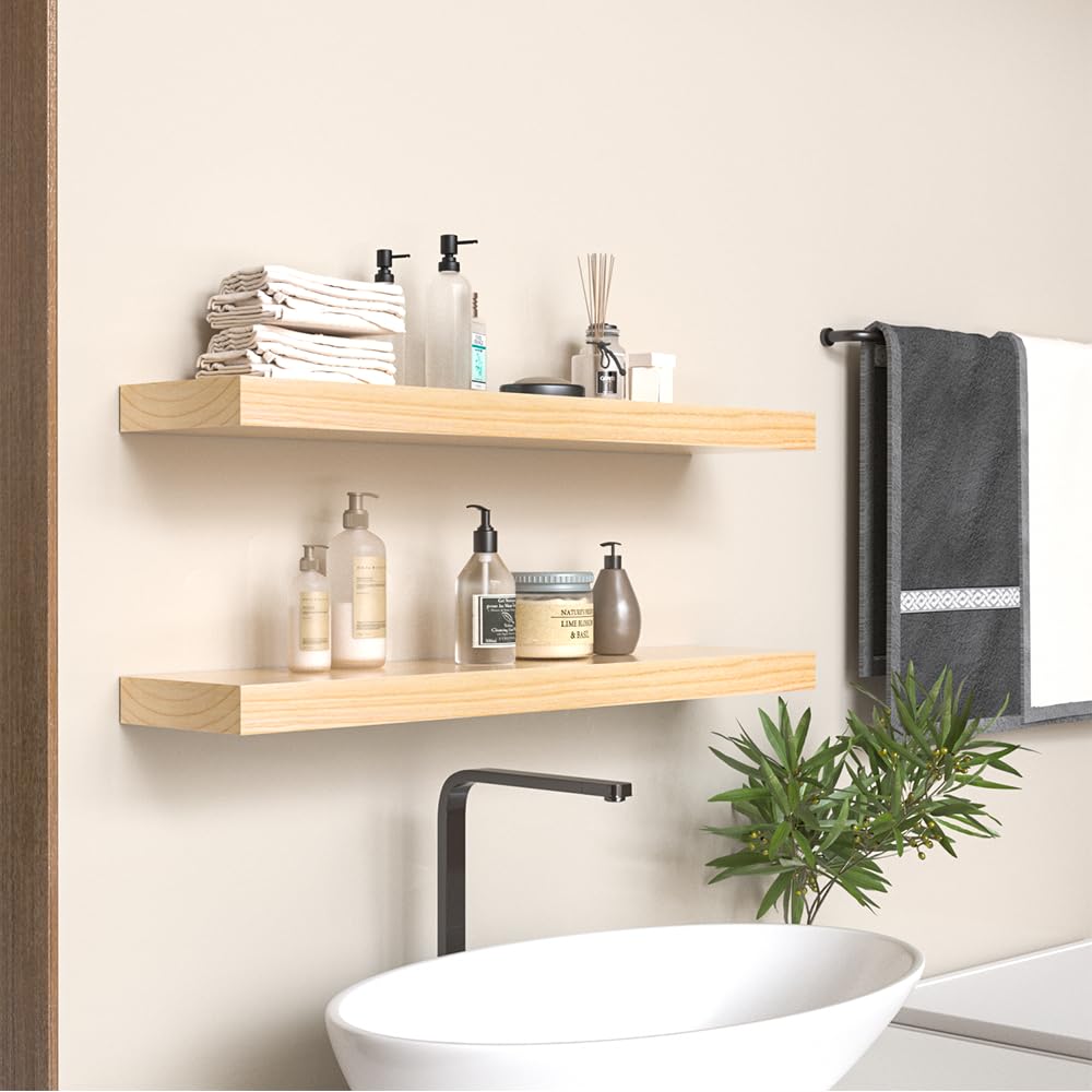 Habudda Floating Shelves Set of 2 - 30 Inch Rustic Wood Wall Shelves for Bathroom, Bedroom & Kitchen - Solid Wood Bookshelf with Invisible Brackets - Natural Varnished Home Decor for Plants, Photos & Display (Perfect for Small Space Organization & Stylish Home Decor)