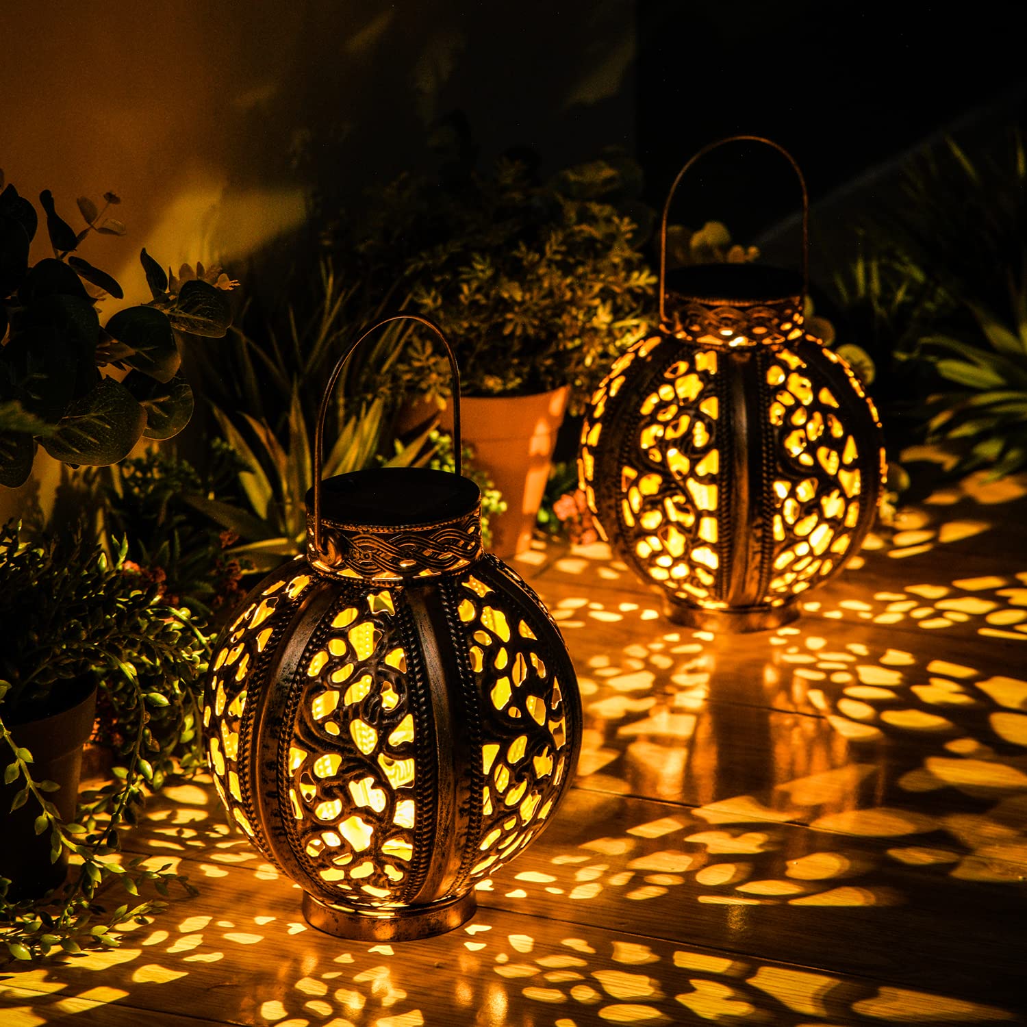 2 Pack Outdoor Solar Hanging Lanterns - Vintage Brown Solar Garden Lights with Handle for Yard, Patio & Pathway Decor | Weather-Resistant Solar Powered Lighting for Outdoor Parties, Camping & Backyard Ambiance