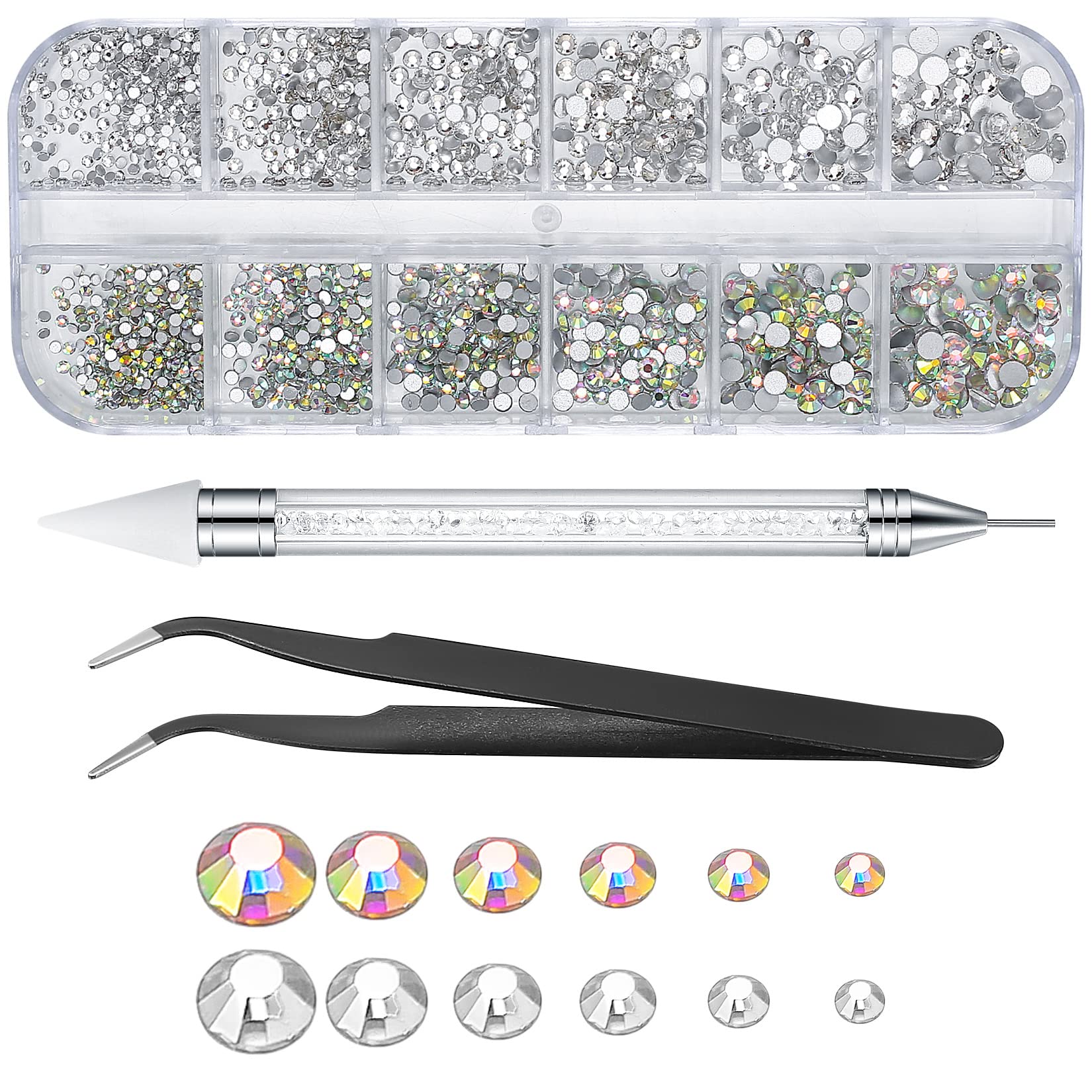 Wugongshan Flat Rhinestones for Nail Art - 1200pcs Sparkling Nail Gems with Tweezers & Pickup Pen - DIY Nail Design Crystal Decorations for Manicure, Pedicure & Nail Salon Use