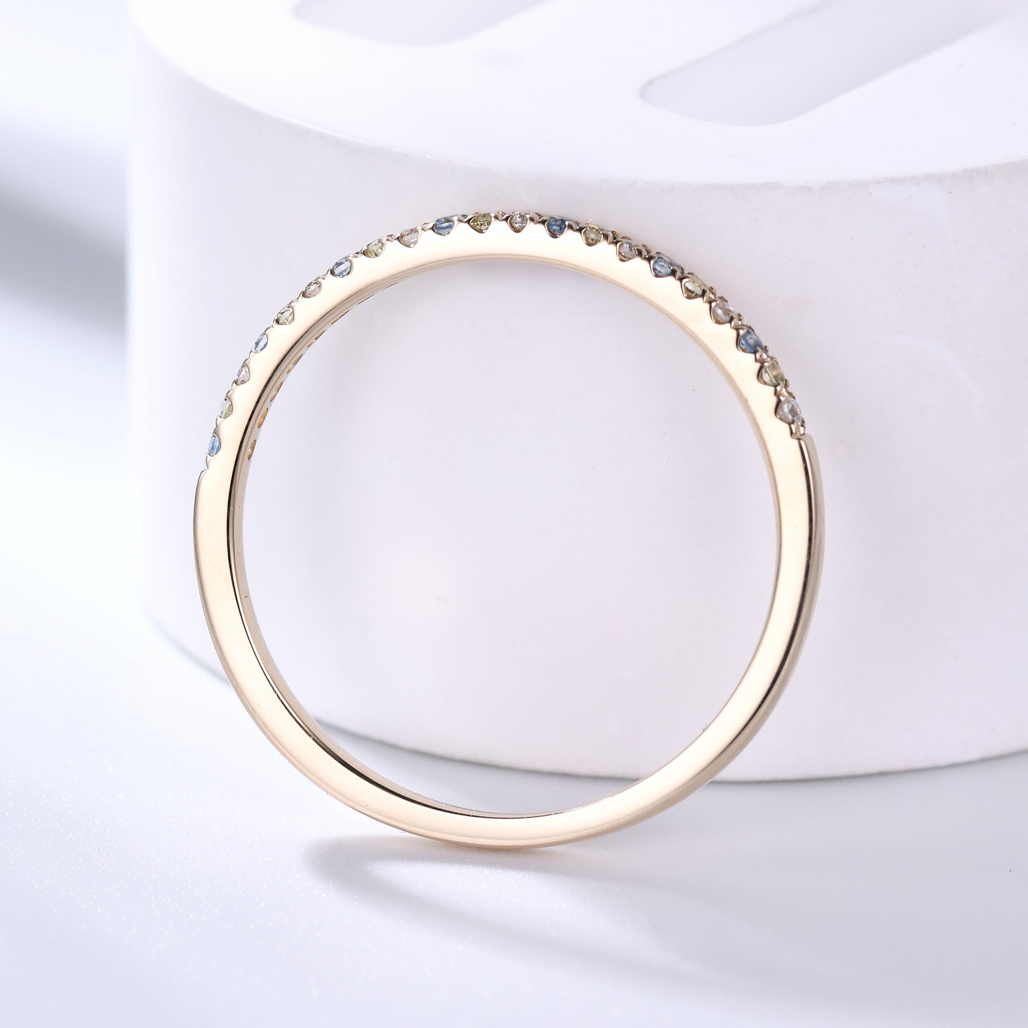 Dainty 14K Yellow Gold Half Eternity Wedding Band with Topaz & Peridot Moissanite - Thin Stackable Ring for Women, Bridal Jewelry, Anniversary Gift, Stacking Rings for Everyday Wear