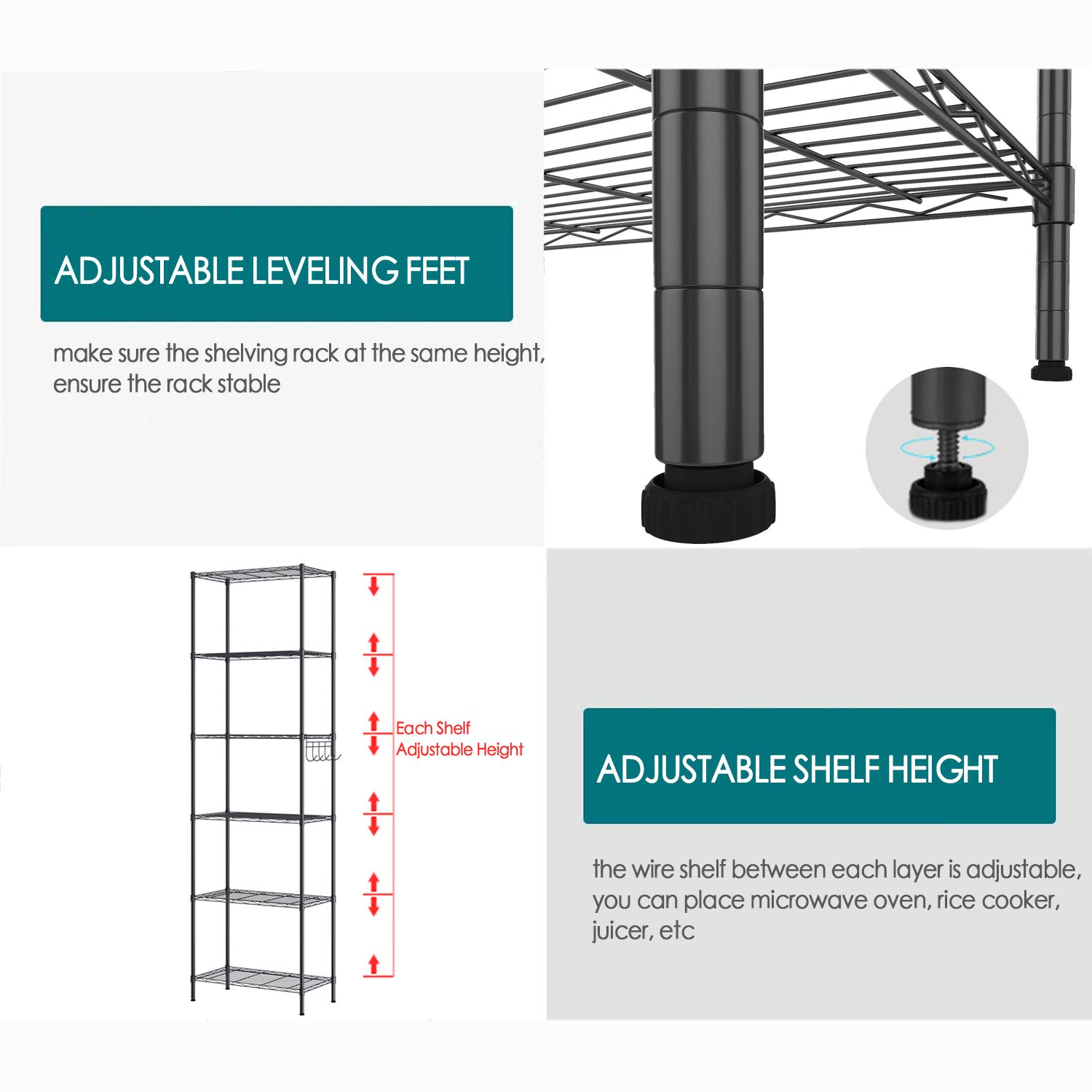 Anfan 6-Tier Heavy Duty Metal Wire Shelving Unit - Adjustable Leveling Feet & Side Hooks - Black Storage Shelves for Kitchen, Garage, Office Organization - Perfect for Pantry Storage, Workshop Tools & Home Organization