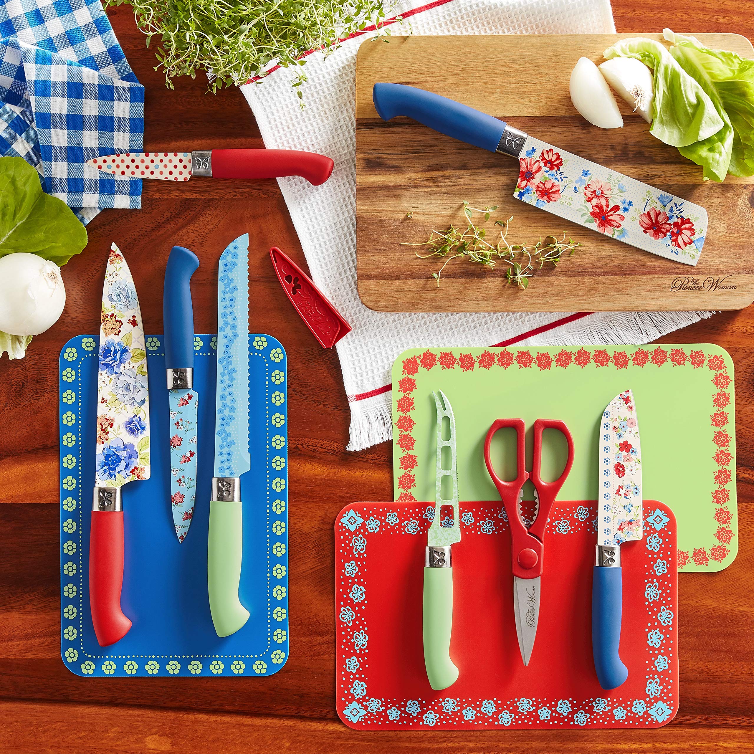 The Pioneer Woman 20-Piece Cutlery Knife Set - Stainless Steel Kitchen Knives with Wooden Block - Classic Charm Design for Home Cooking, BBQ & Gift Giving
