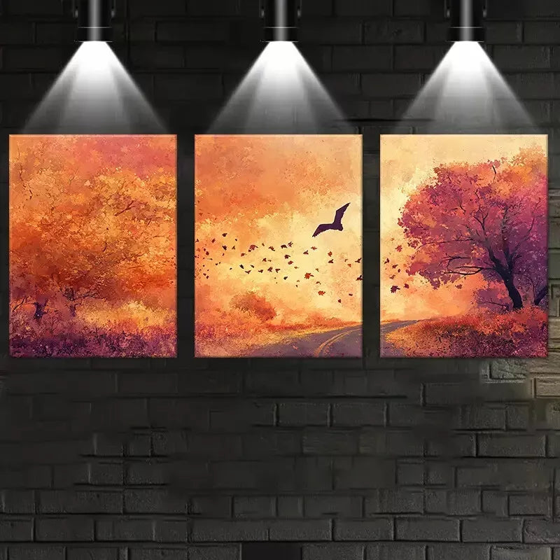 3-Piece Vibrant Autumn Path, Trees & Bats Wall Art Set - Framed Canvas 40x60cm - High Quality Print - 100% Australian Made - Ready to Hang - Perfect for Living Room, Bedroom & Office Decor