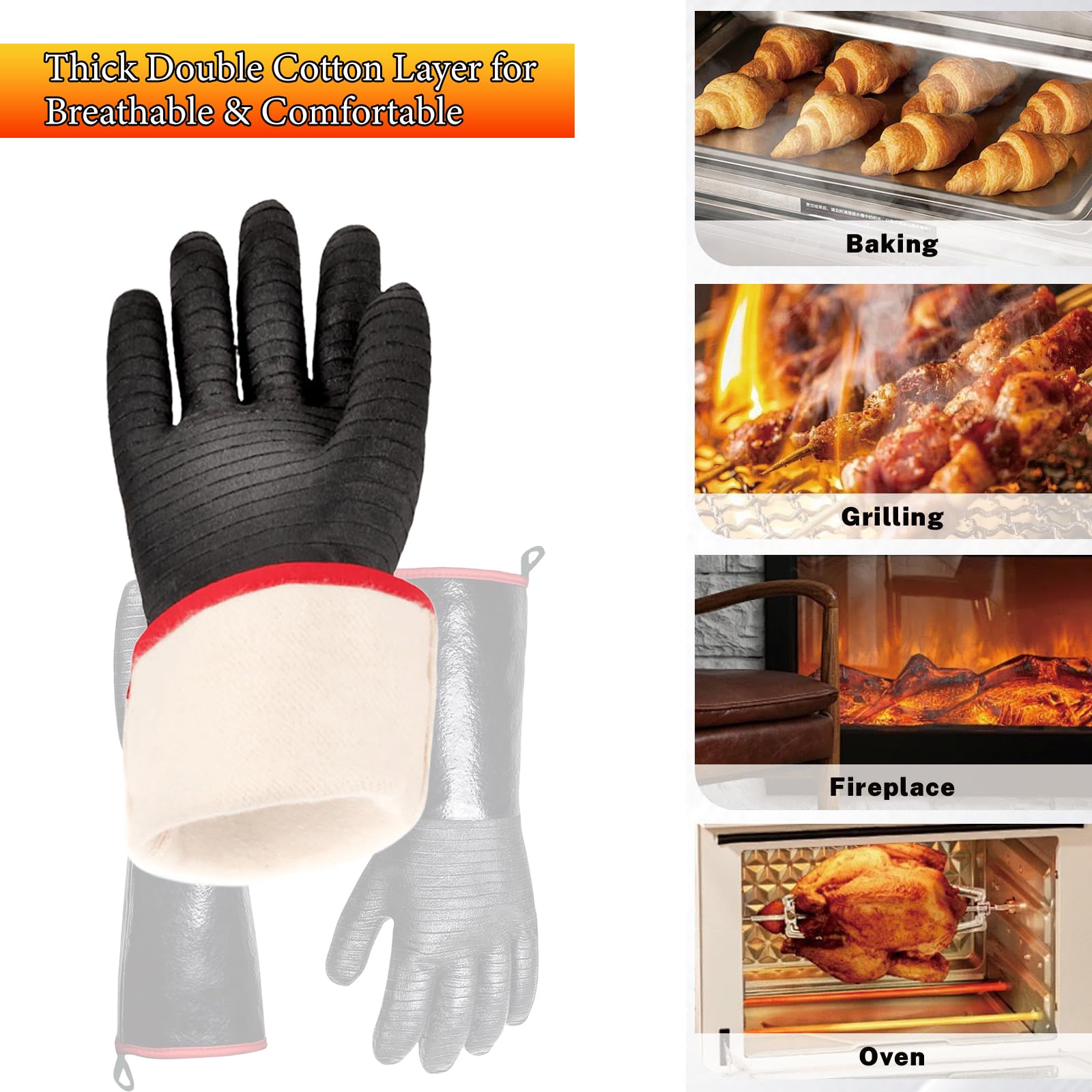 Heat Resistant BBQ Grill Gloves - 932°F Waterproof Long Sleeve Barbecue Gloves for Grilling, Smoking, Baking & Frying - BPA-Free Oven Mitts for Turkey Fryer, Rotisserie & Outdoor Cooking