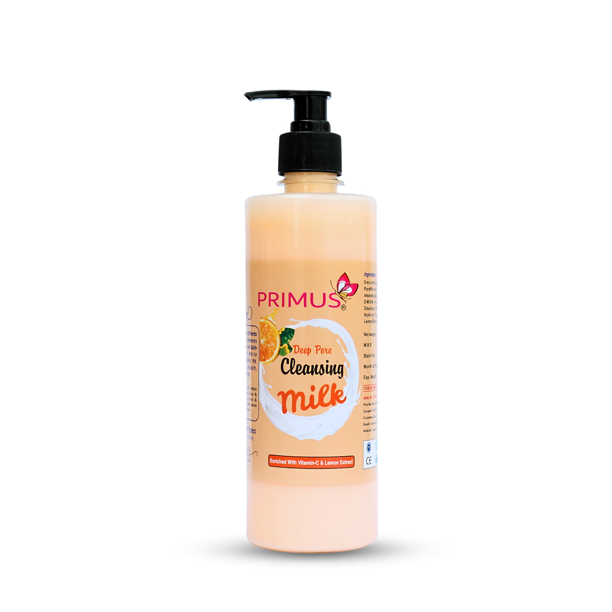 Primus Vitamin C Cleansing Milk with Vitamin C & Lemon Extracts - Ultra Clean & Refreshing Facial Cleanser for Makeup Removal - 500ml | Perfect for Daily Skincare Routine & Post-Makeup Cleansing