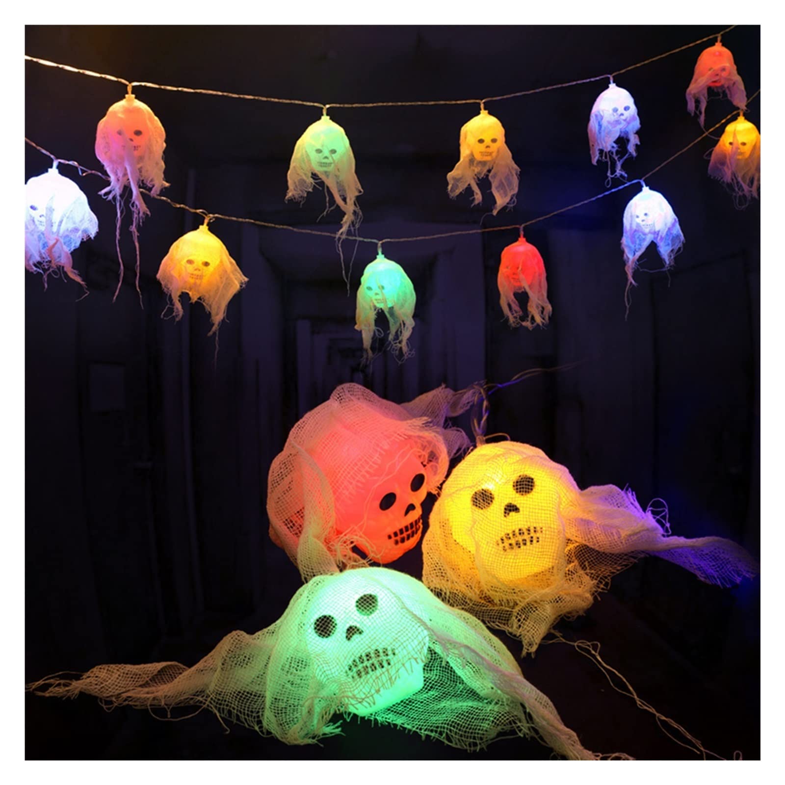 YBRAG Halloween String Lights - 10 LED White Gauze Skull Fairy Lights with Battery for Indoor/Outdoor Decor | Perfect for Halloween Parties, Home Decoration & Holiday Festivities