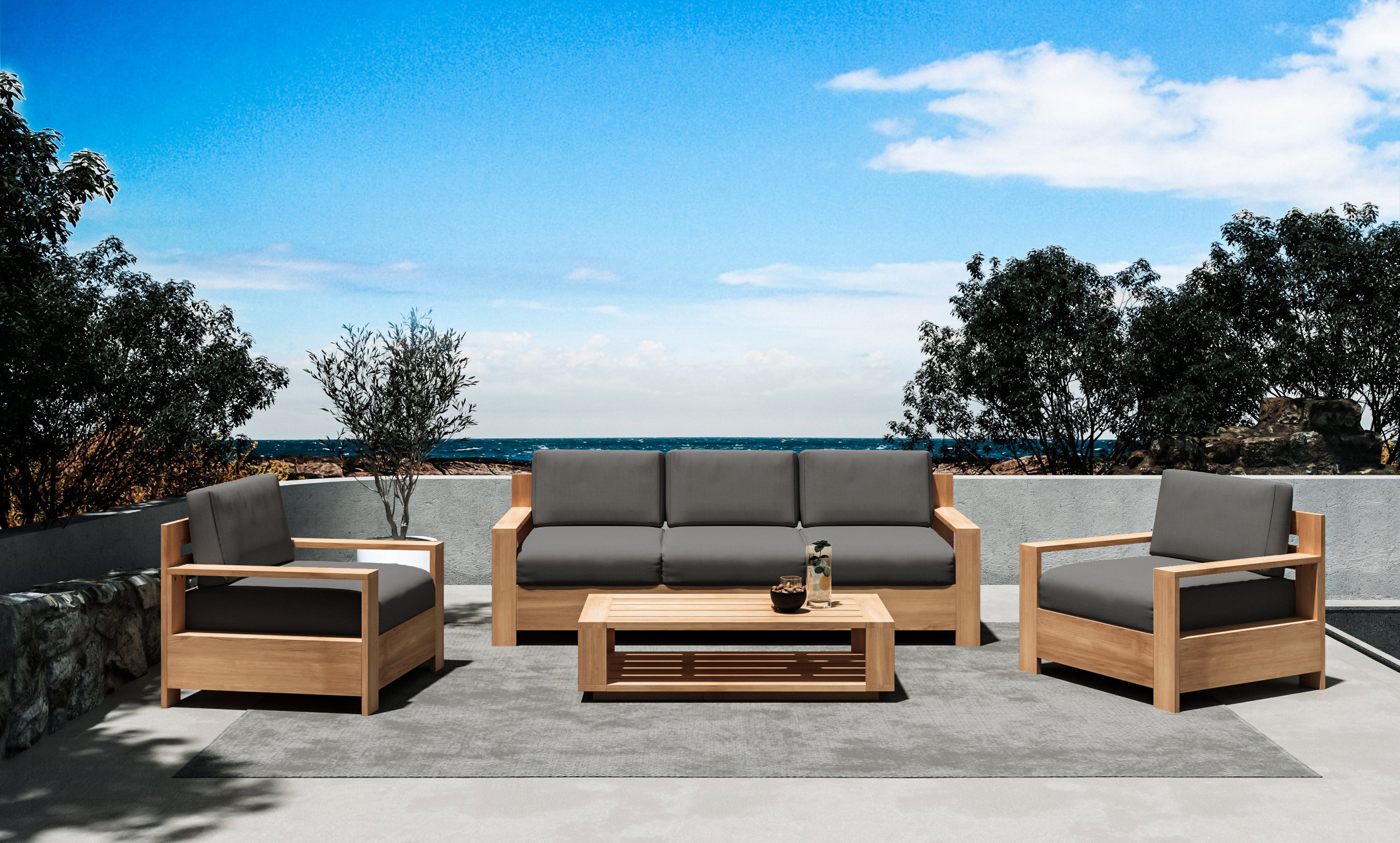 Premium 4-Piece Teak Outdoor Patio Deep Seating Set with Sunbrella Charcoal Cushions - Durable Patio Furniture for Backyard, Garden, Poolside & Outdoor Relaxation