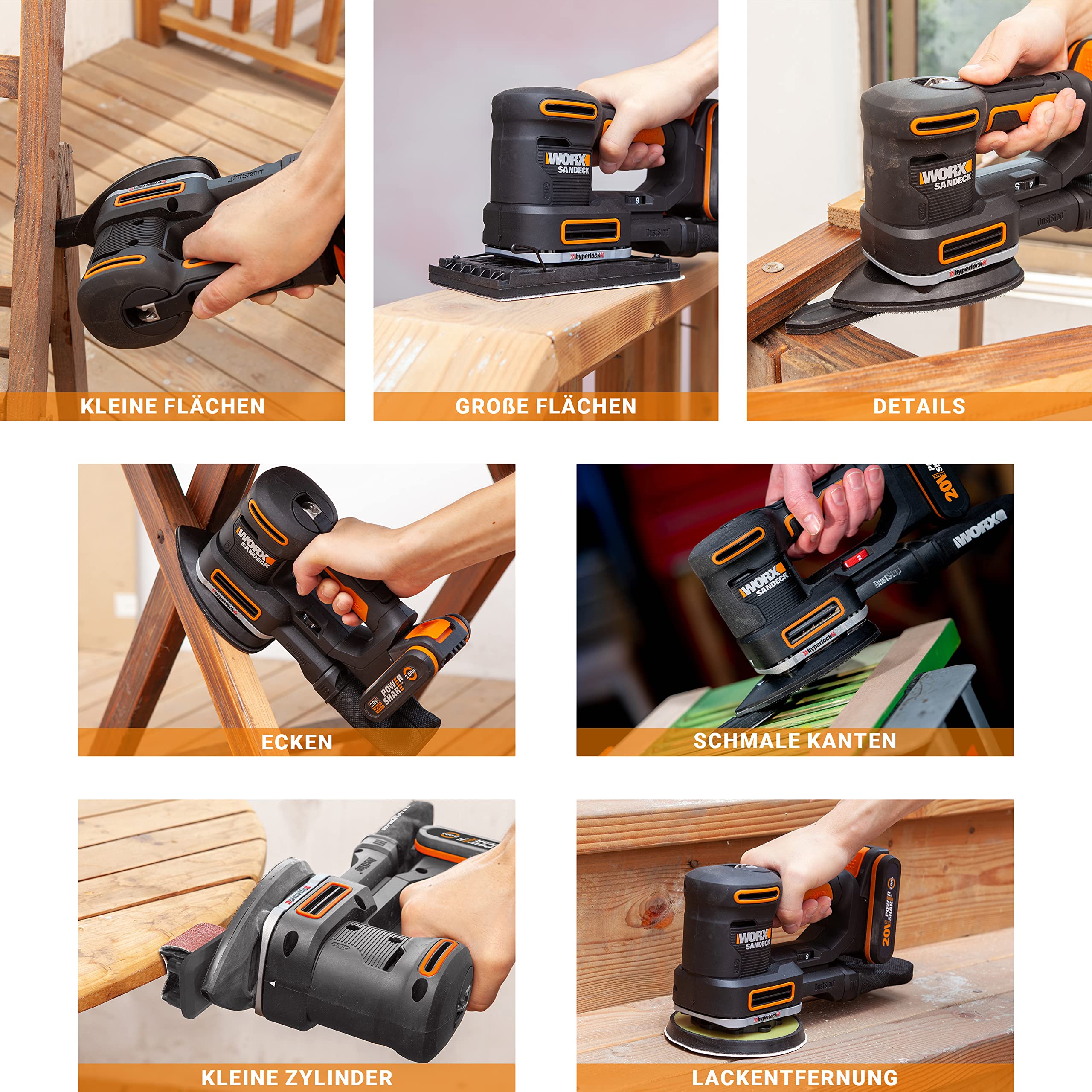 WORX WX820.9 Cordless Multi Sander - 5-in-1 Functions: Orbital, Fine, Detail, Contour & Finger Sanding - Variable Speed - PowerShare Compatible - Battery & Charger Not Included, Black - Perfect for Woodworking, DIY Projects & Home Renovation