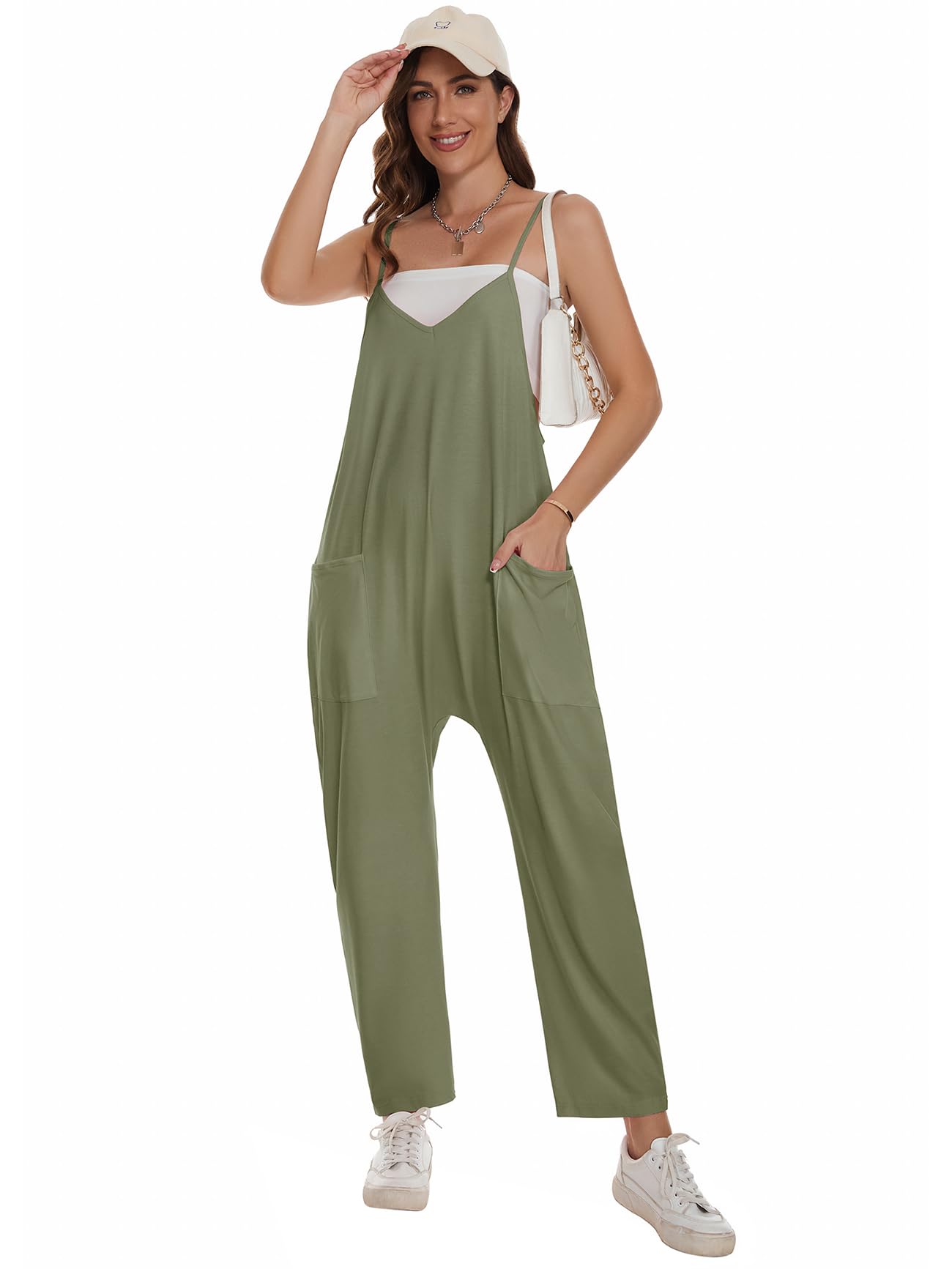 Trendy Women's Sleeveless Jumpsuit with Pockets - Loose Fit Romper & Spaghetti Strap Overalls | Casual Summer Outfit, Beach Wear & Street Style Fashion