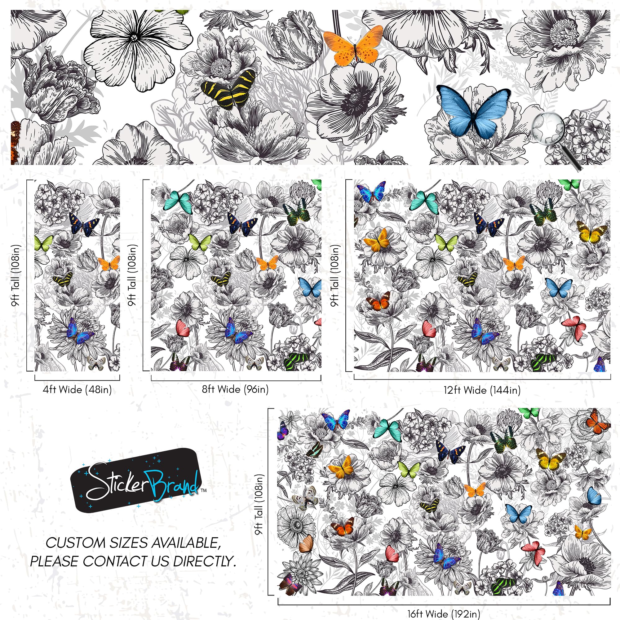 Butterflies in Flower Garden Wall Mural - Retro Black and White Floral Peel and Stick Wallpaper - 9ft x 8ft Removable Decal for Living Room, Bedroom, Nursery or Office Decor