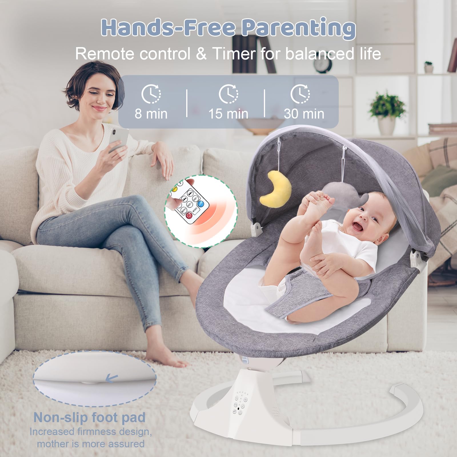 **Best Electric Baby Swing for Infants 0-12 Months - Portable Bluetooth Baby Bouncer with 5 Speed Settings & 10 Soothing Lullabies - Plug-in Newborn Swing for Indoor & Outdoor Use (Grey) - Perfect for Nursery, Travel & Relaxation**