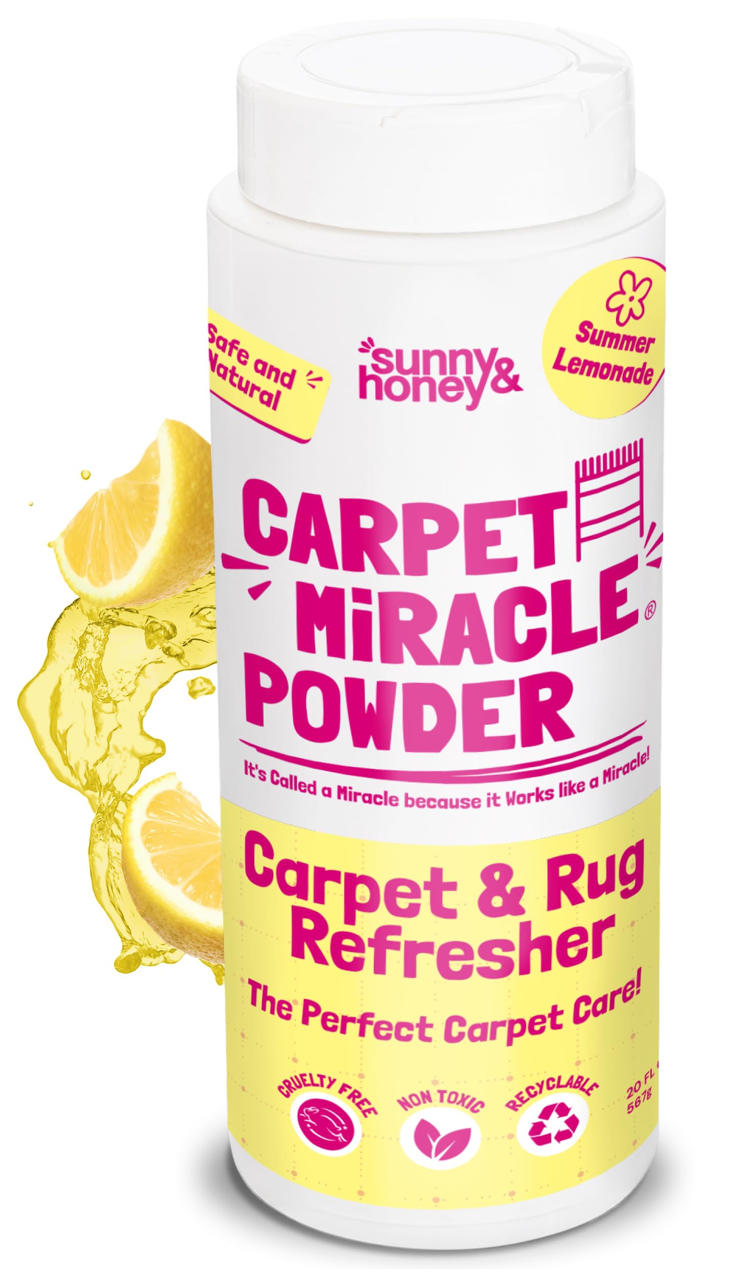 Sunny & Honey Carpet Miracle Powder - 20 oz Lemon Scented Dry Carpet Cleaner for Kids & Pets | Pet Safe Carpet Deodorizer & Freshener | Removes Odors from Carpets, Rugs & Upholstery | Perfect for Homes with Children & Pets