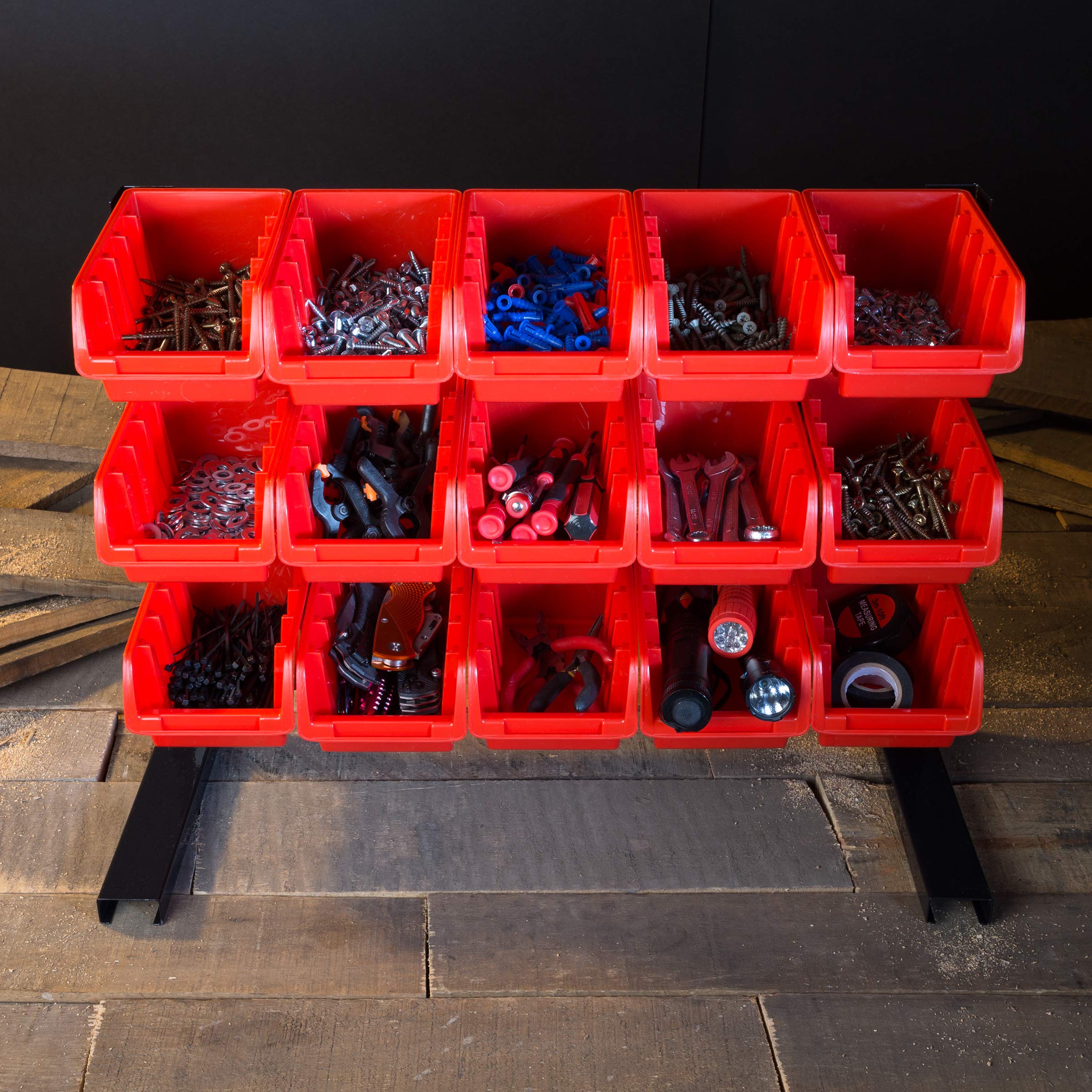 Stalwart 15 Bin Storage Rack Organizer - Heavy Duty Carbon Steel with Stackable Plastic Drawers for Tools, Hardware, Crafts & Office Supplies | Garage, Workshop & Home Organization Solution
