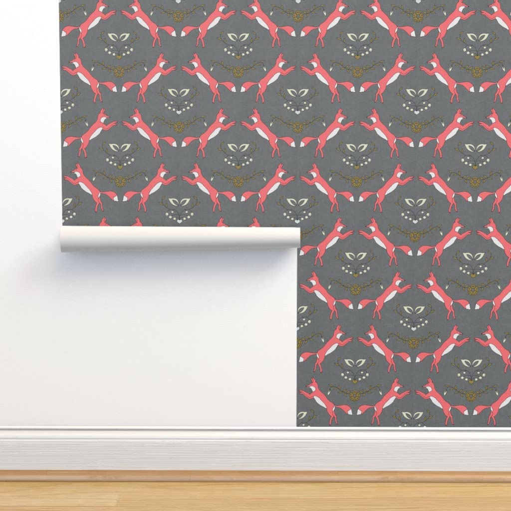 Coral Fox Gray Animals Peel & Stick Wallpaper - 12ft x 2ft Removable Self-Adhesive Wallpaper for Nursery, Bedroom & Home Decor by Spoonflower