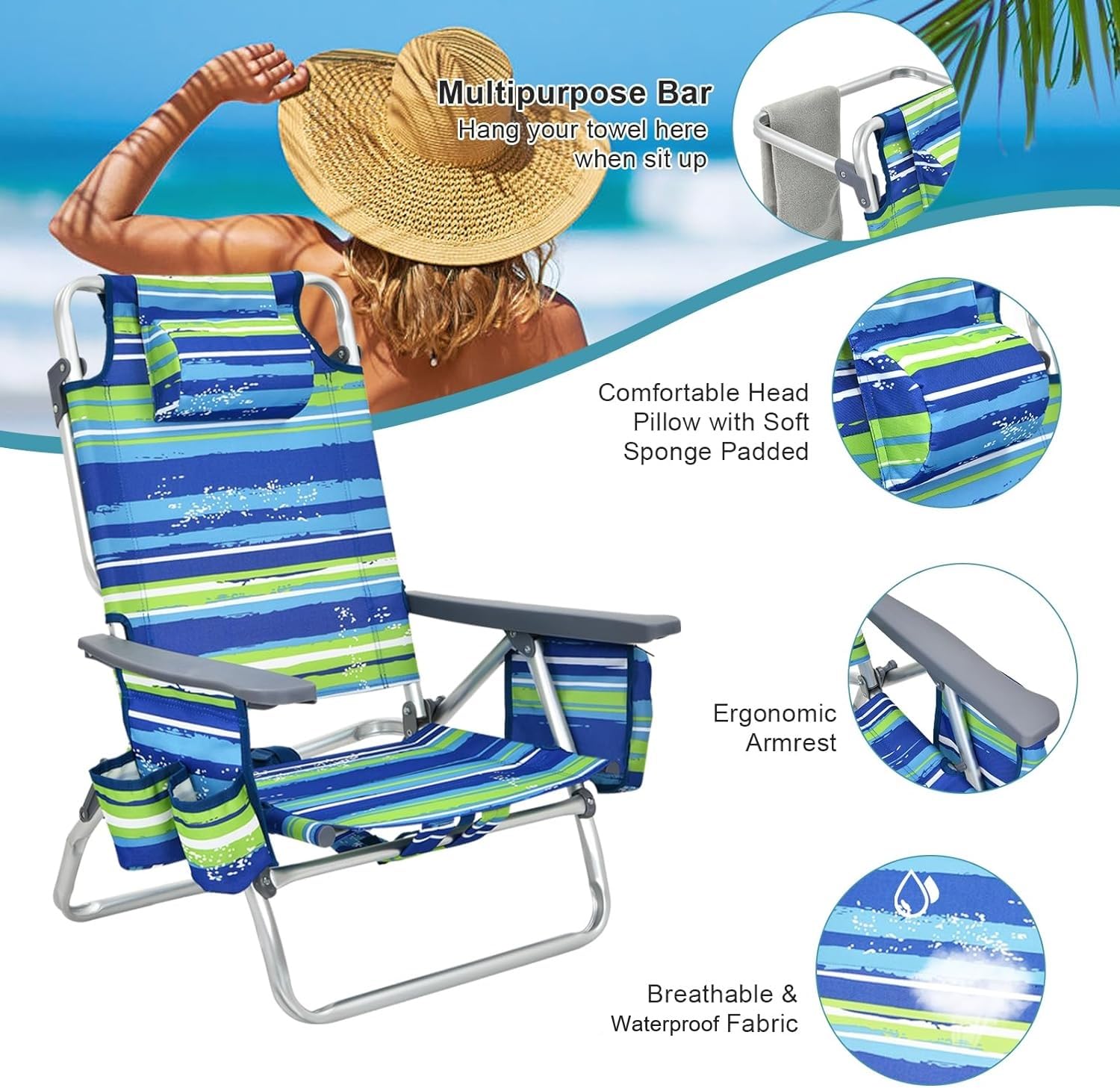 GYMAX 2-Pack Portable Folding Beach Chairs with Backpack Straps, Armrests, Cooler Bag, Cup Holder & Storage Pockets - Lightweight Camping Lounge Chairs for Outdoor, Picnic, Poolside, Backyard & Beach Relaxation (Blue Stripes)