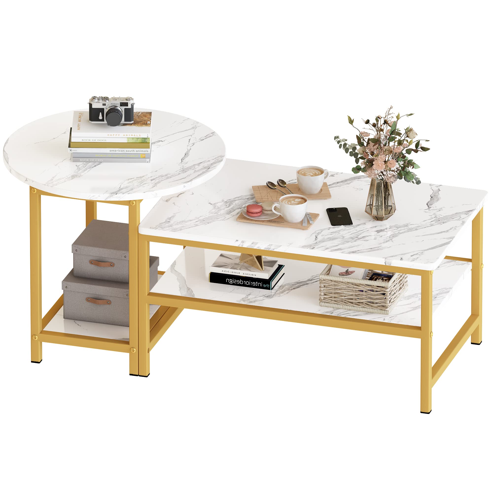 AWQM Nesting Coffee Table Set of 2 - Modern Rectangular & Round Side Tables with Open Storage & Adjustable Shelf - White Living Room & Bedroom Furniture for Small Spaces, Apartments, and Home Decor