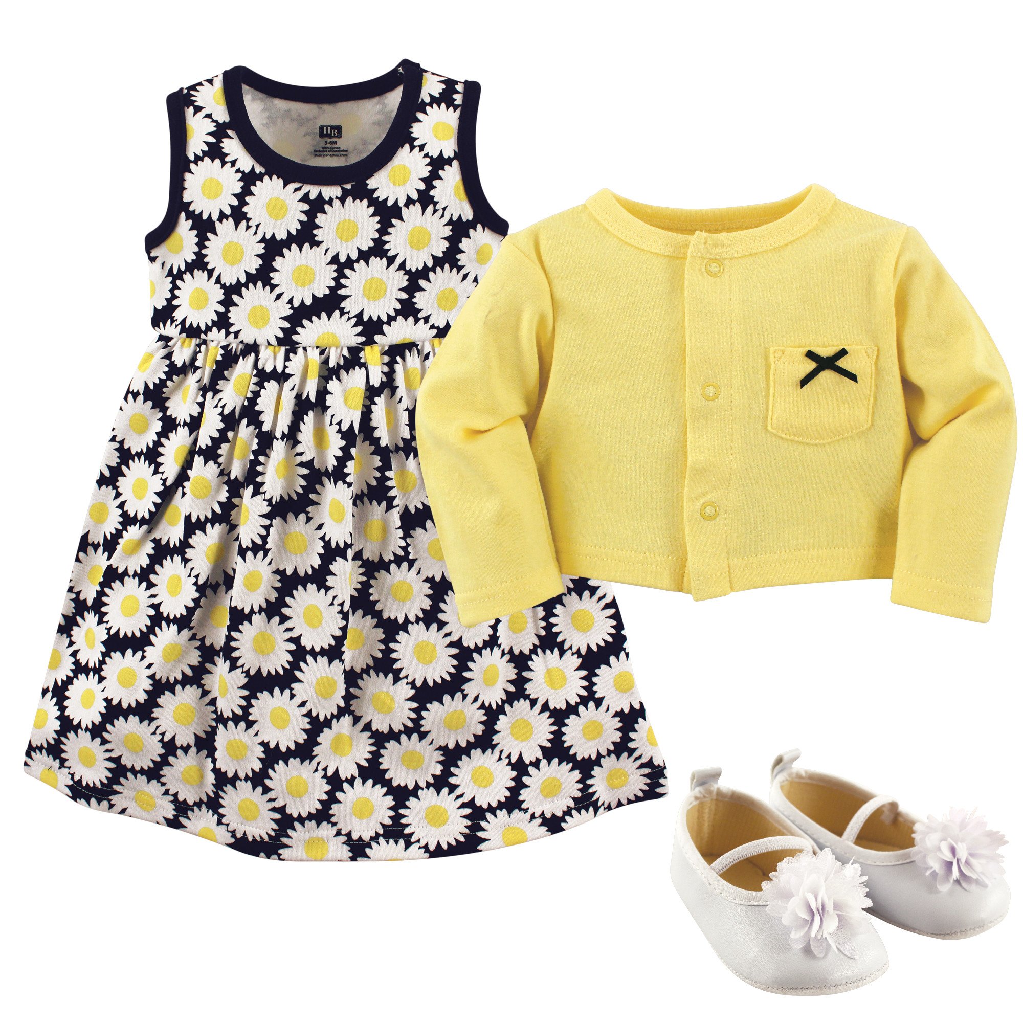 Hudson Baby Girls' Cotton Dress, Cardigan & Shoe Set Outfit - Soft & Comfortable 3-Piece Baby Girl Clothing for Newborn, Infant & Toddler - Perfect for Family Photos, Parties & Special Occasions
