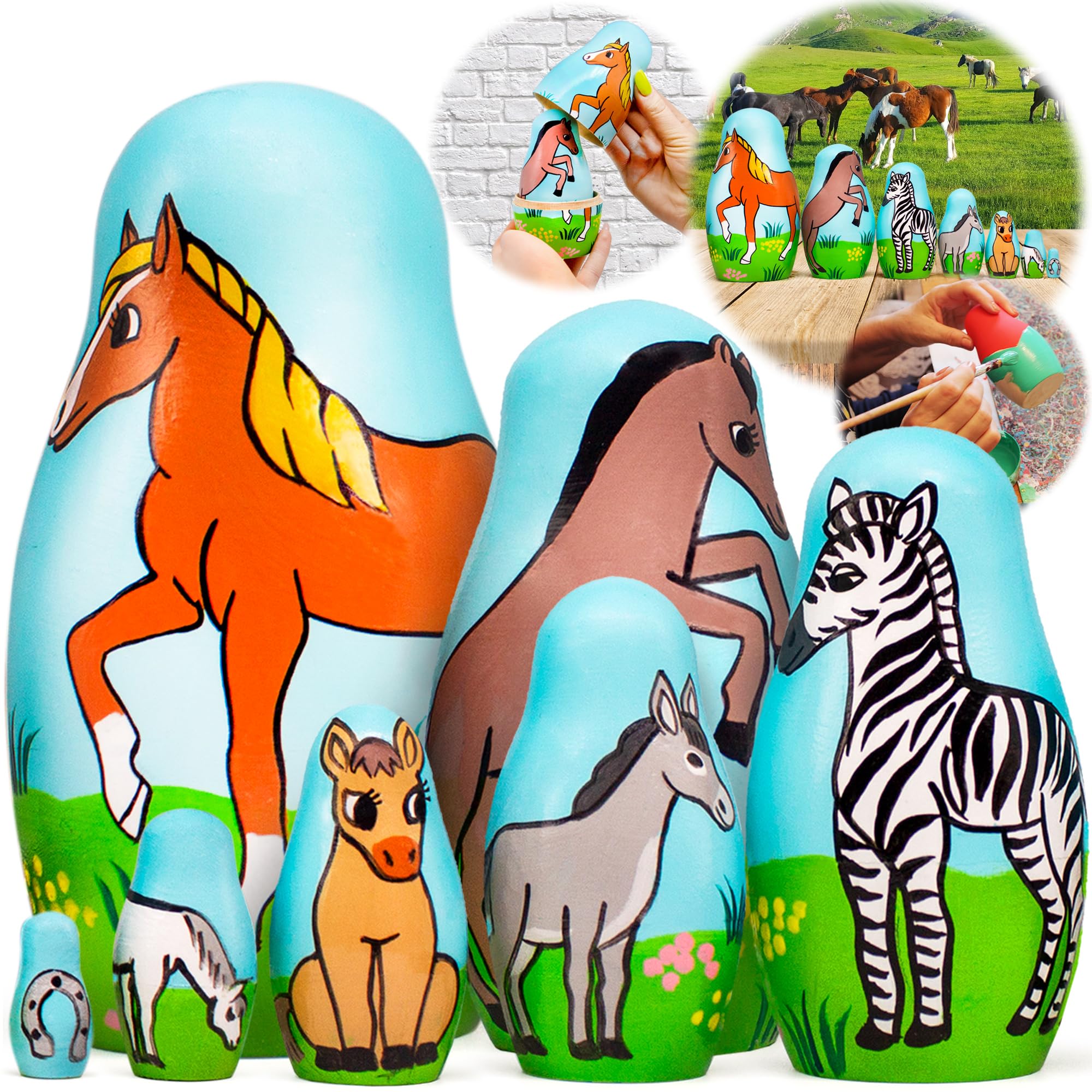 7-Piece AEVVV Horse Nesting Dolls Set - Unique Donkey & Zebra Gifts for Horse Lovers - Perfect Home Decor for Equestrian Enthusiasts - Great for Birthday, Christmas & Nursery Room Decoration