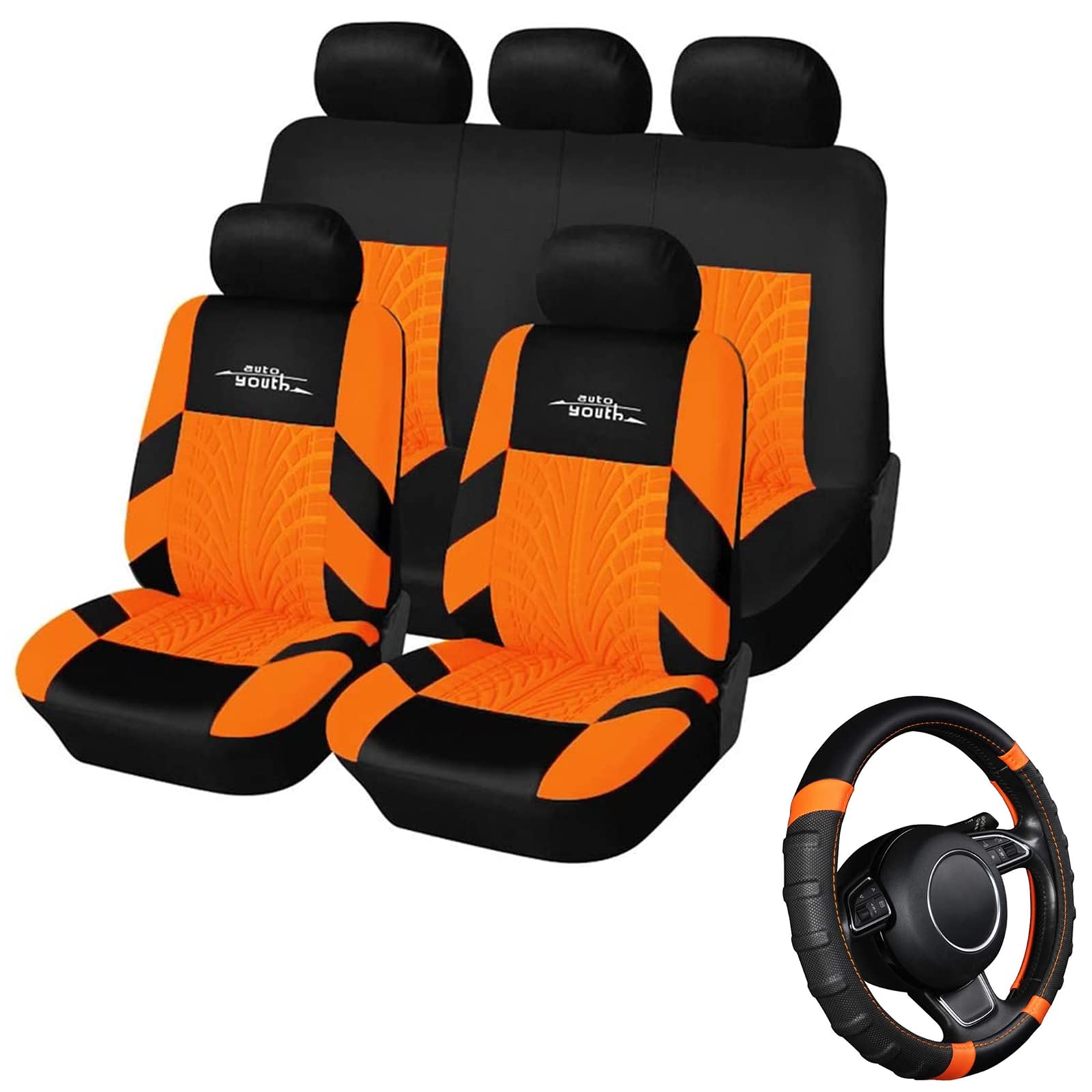 Premium AUTOYOUTH Full Set Car Seat Covers with Steering Wheel Cover - Universal Fit for Cars, SUVs & Trucks - Waterproof & Anti-Slip Protection for Daily Commute, Road Trips & Family Travel