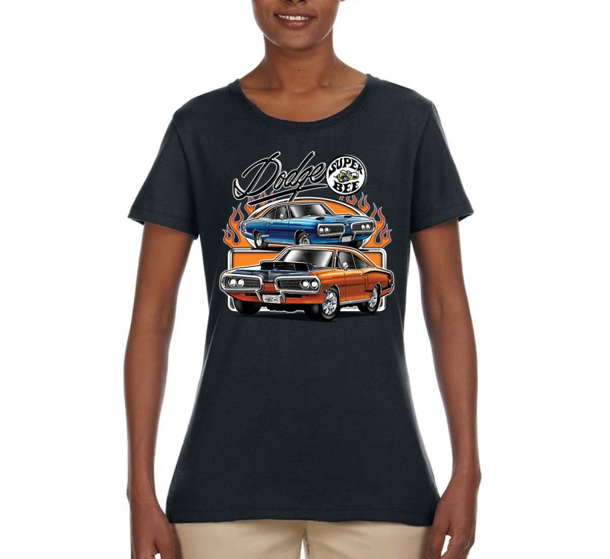 Flaming Dodge Super Bee Muscle Car Graphic T-Shirt for Women | Vintage American Muscle Car Tee | Casual Wear, Car Enthusiast Gift, Retro Style Outfit