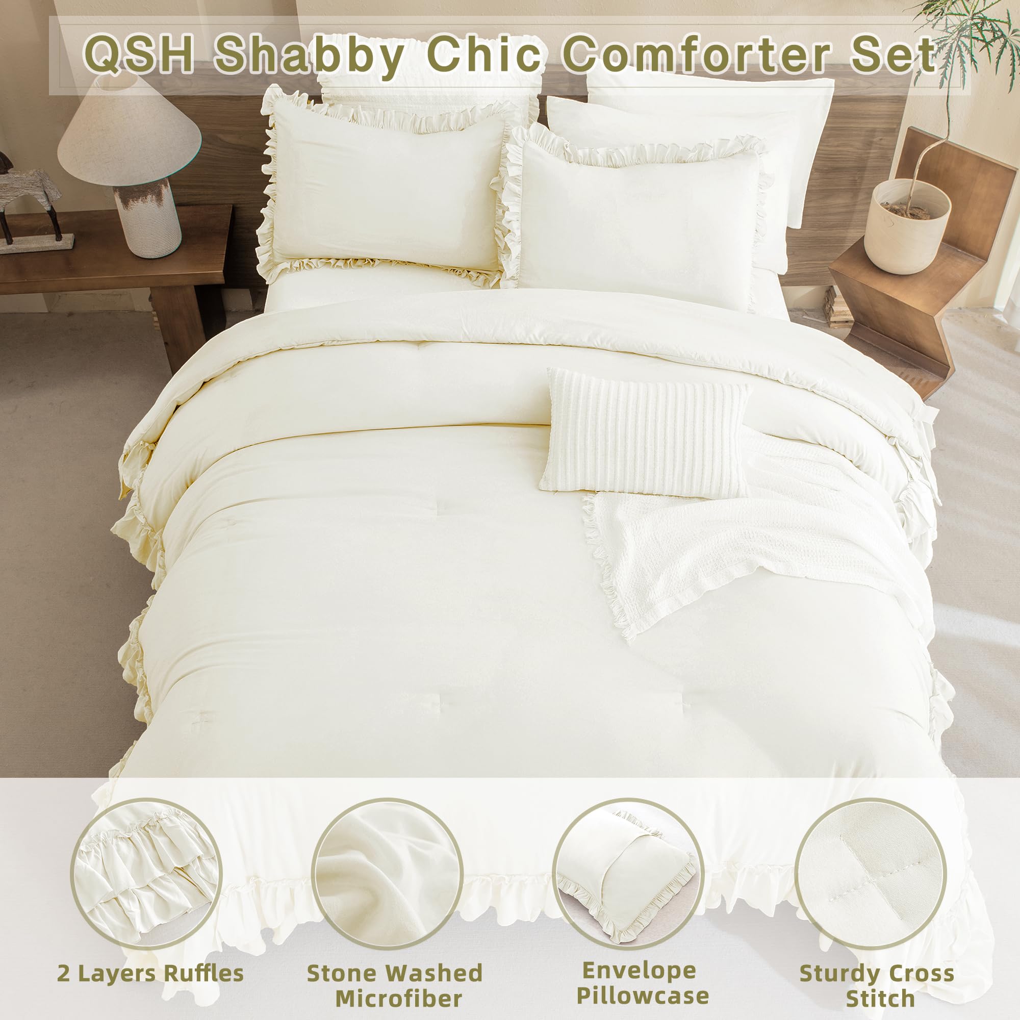QSH King Size Ruffle Comforter Set - 3 Piece Ivory Shabby Chic Farmhouse Bedding | Ultra Soft Microfiber Lightweight Boho Duvet Cover | Perfect for French Country Bedrooms, Guest Rooms & Cozy Boho Decor