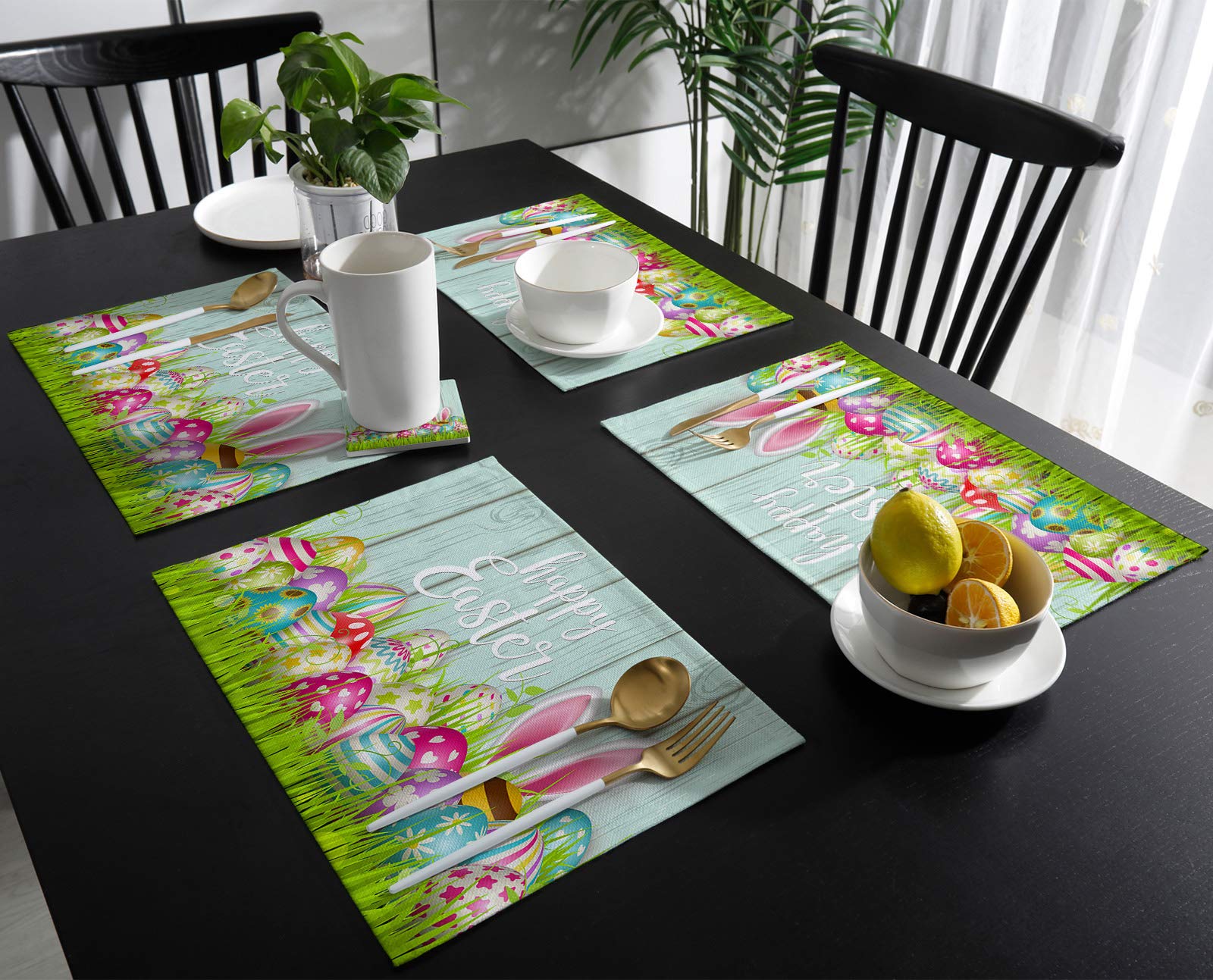 Easter Table Mats Set of 4 - Bunny Ears & Easter Eggs Design - Spring Holiday Cotton Linen Washable Placemats - Wood Grain & Grass Pattern for Dining Table Decor - Perfect for Easter Dinner, Spring Celebrations & Home Decoration