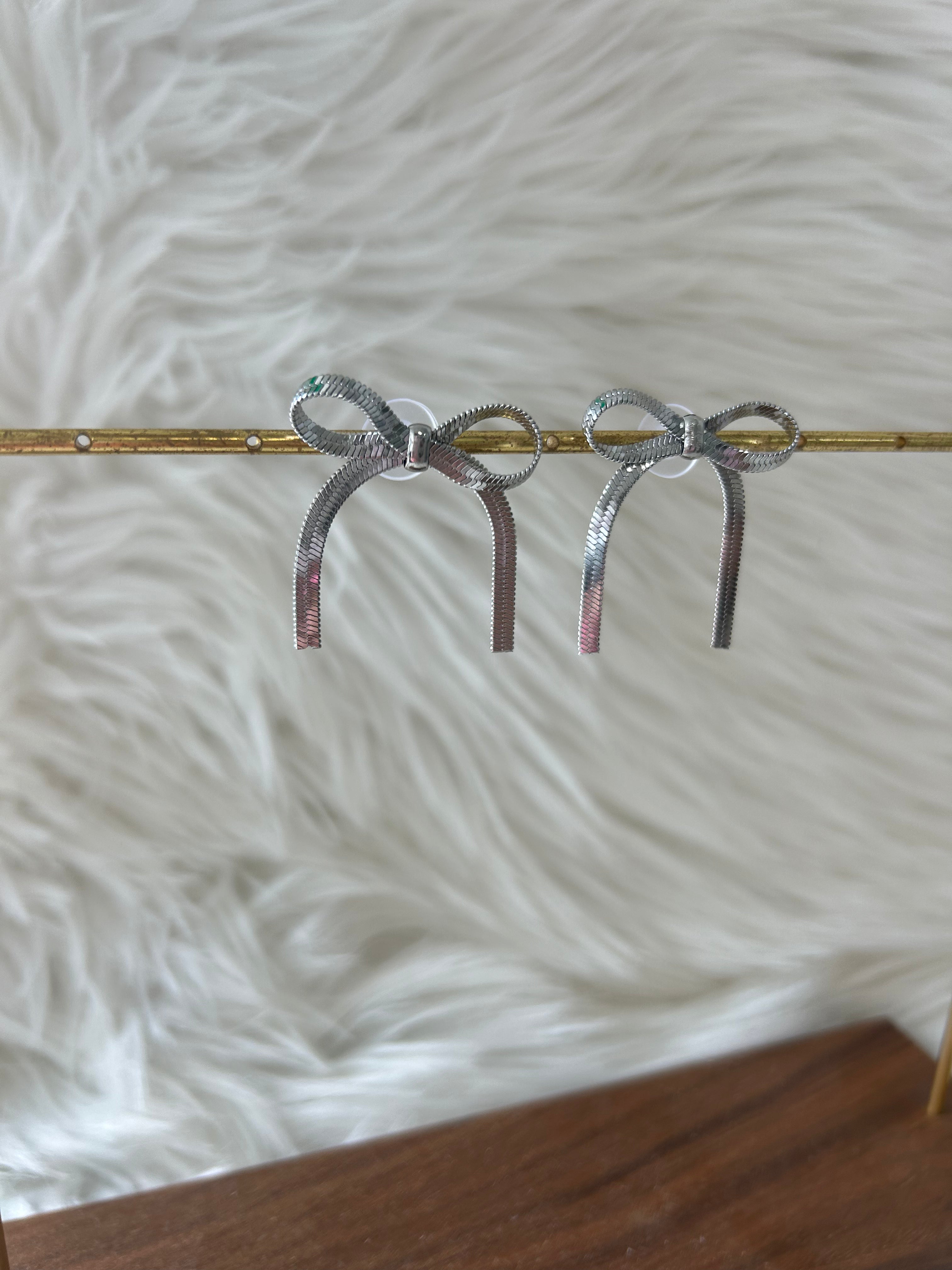 Lauren Kenzie Herringbone Bow Earrings for Women - Elegant Sterling Silver Dangle Earrings - Perfect for Parties, Weddings & Everyday Wear