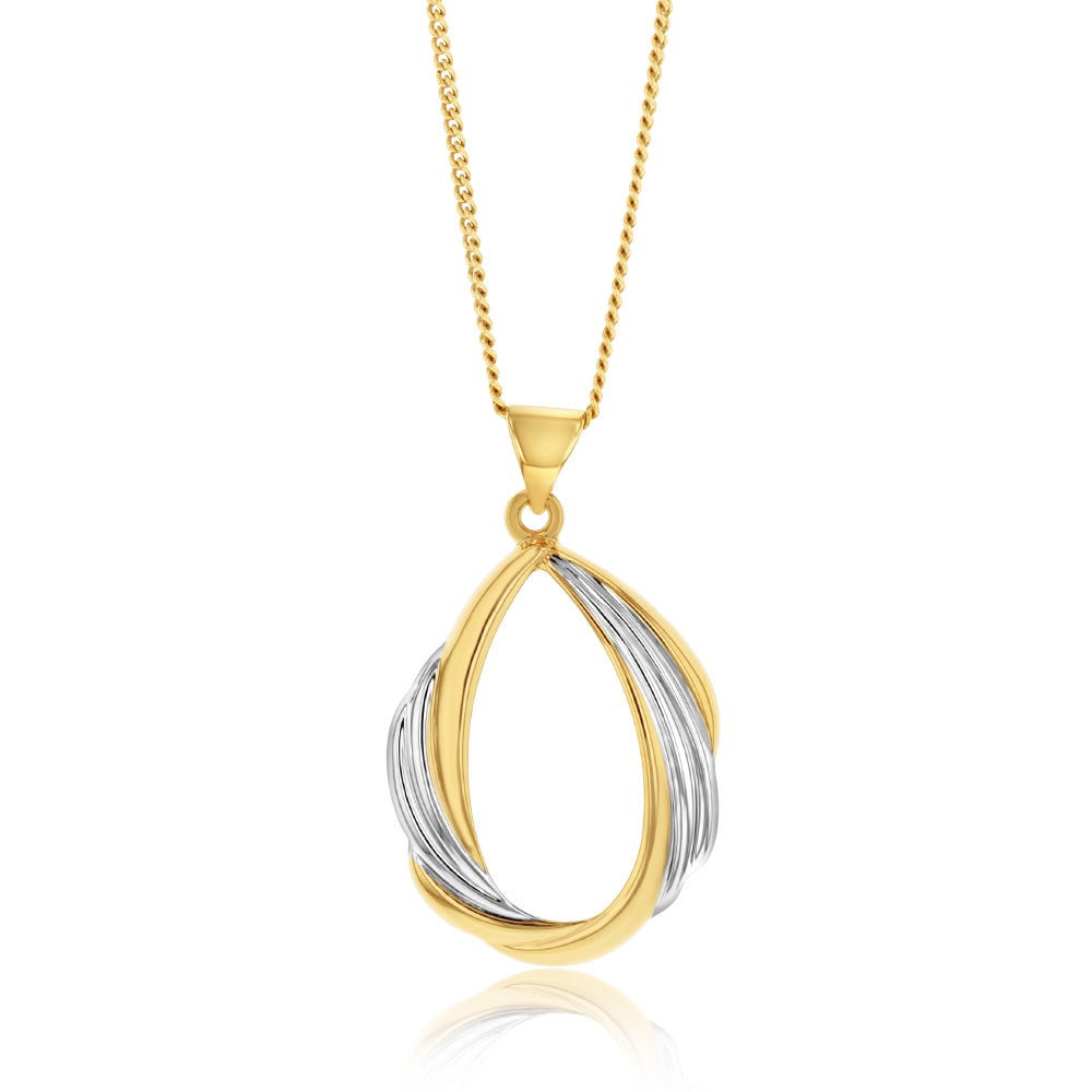 9ct Yellow and White Gold Twisted Pear Shaped Open Pendant Necklace - Elegant Jewelry Gift for Women, Perfect for Parties, Weddings and Special Occasions
