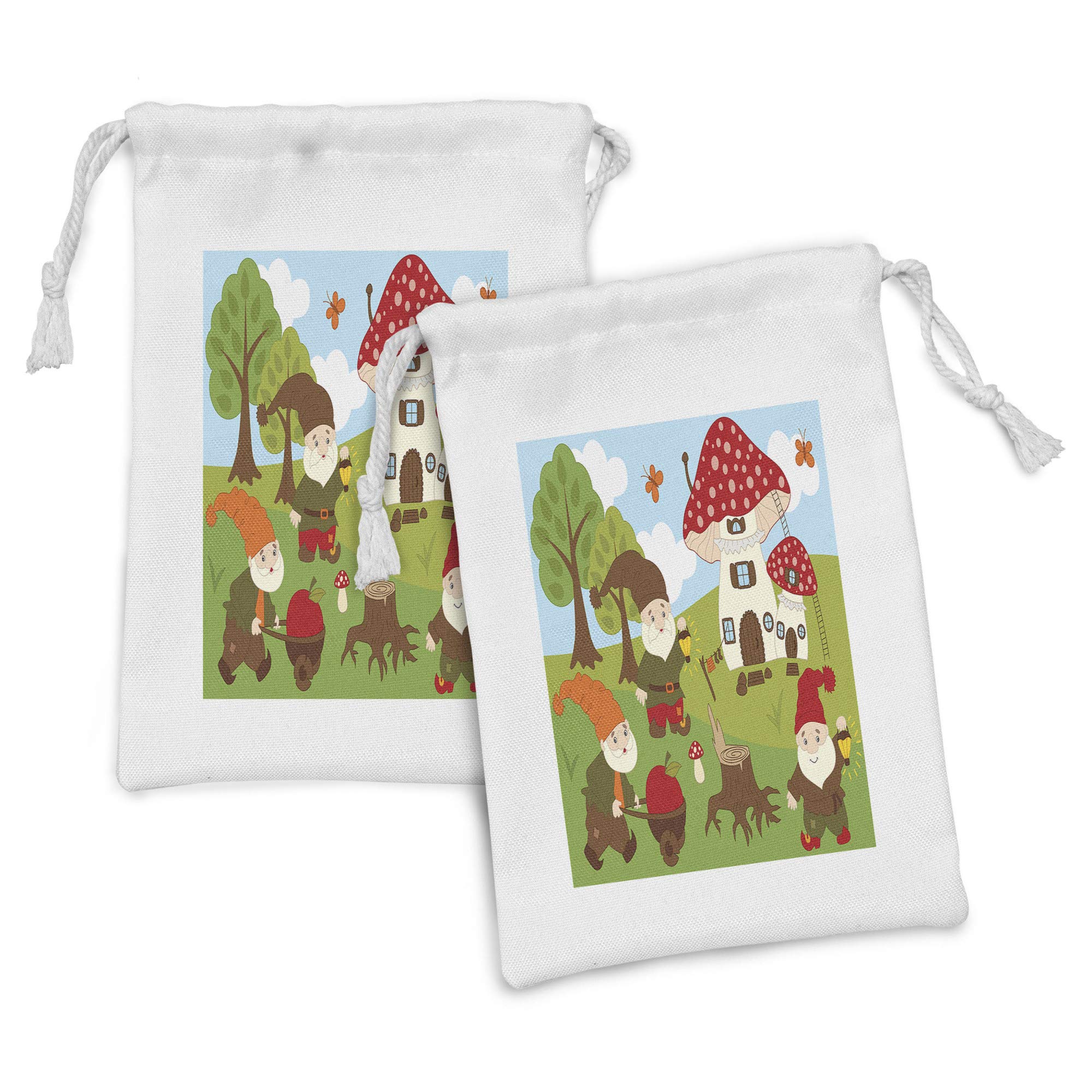 Ambesonne Gnome Fabric Pouch Set of 2 - Small Drawstring Bags for Toiletries, Masks & Favors (9
