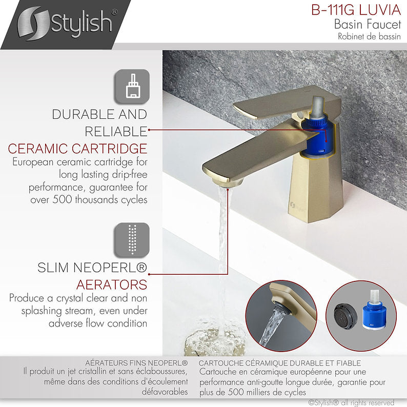 LUVIA B111G Single Hole Bathroom Faucet Brushed Gold - Modern Waterfall Bathroom Sink Faucet for Vanity, Powder Room & Guest Bath - Easy Installation & Durable Finish