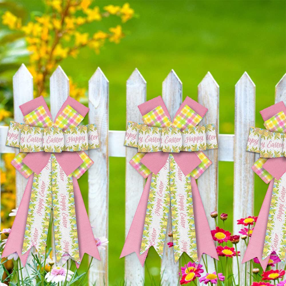 Large Easter Bows for Wreaths - White, Pink Burlap & Yellow Buffalo Plaid Bows - Spring Holiday Decor for Front Door, Easter Tree Topper, Party & Wreath Decoration