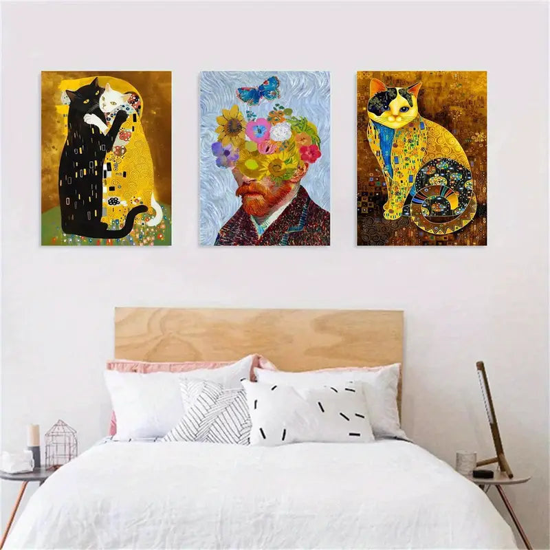 3-Piece Vintage Animal Print Wall Art - Funny Cat Hugging Abstract Metal Prints - Ready to Hang Home Decor for Living Room, Bedroom & Office