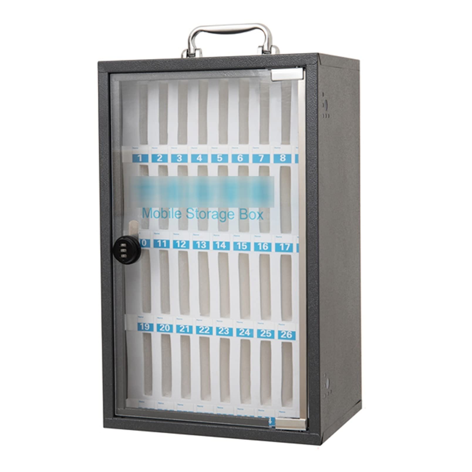 36-Slot Clear Mobile Phone Storage Box with Handle - Stainless Steel Pocket Chart & Safe Cabinet for Retail Stores (19.5