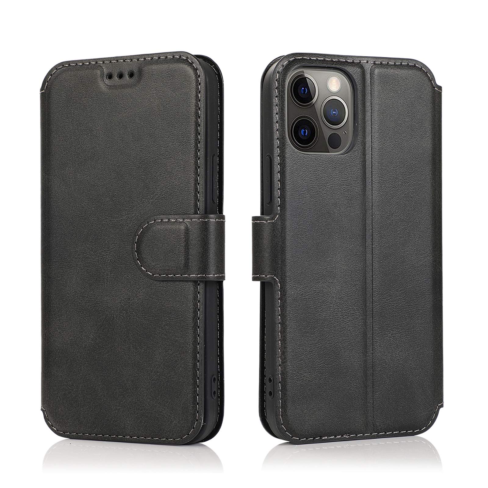 Premium PU Leather iPhone 12 Pro Max Case with Card Slots & Kickstand - Magnetic Closure Shockproof Flip Cover for iPhone 12 Pro Max (6.7 inch) - Black | Wallet Phone Case for Daily Use, Travel & Business Meetings