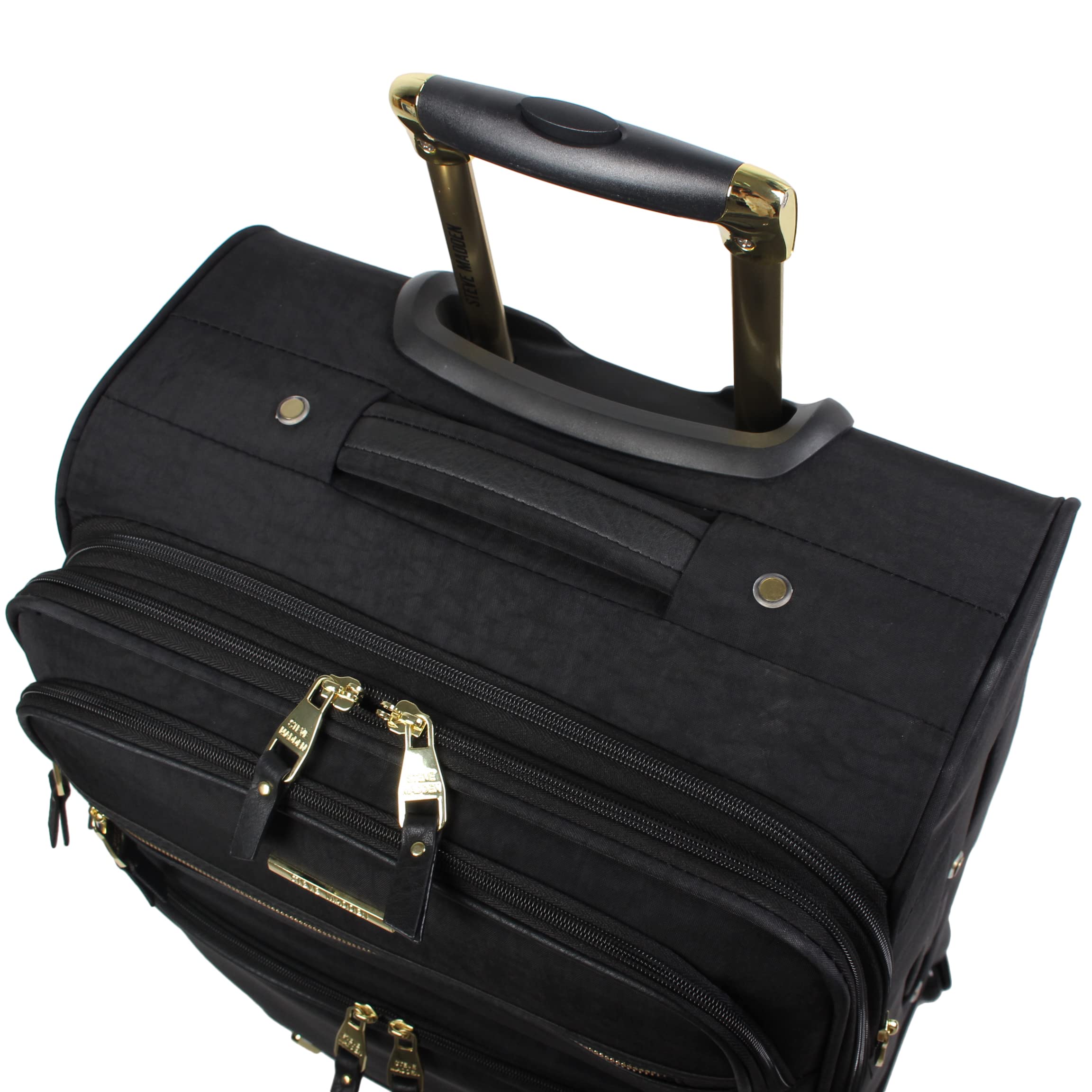 Steve Madden 24 Inch Lightweight Expandable Softside Spinner Luggage - Mid-Size Checked Suitcase with 360° Wheels for Travel (Black) - Perfect for Business Trips, Vacations & Airplane Checked Baggage