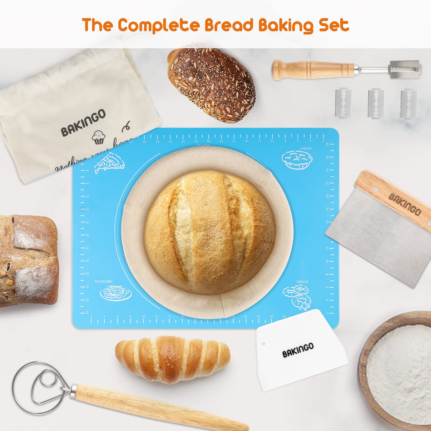 Bakingo Sourdough Bread Making Kit - 10 Inch Natural Rattan Banneton, Bread Lame, Dough Scraper, Proofing Basket, Measuring Mat & Danish Whisk | Perfect for Artisan Bread Baking, Homemade Sourdough Starter & Professional Proofing