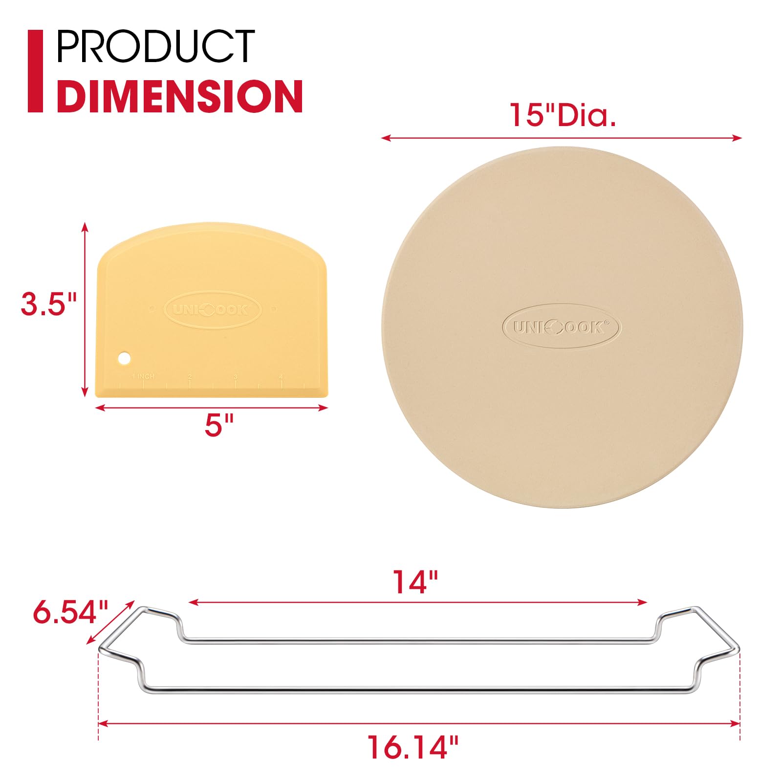 Unicook 15 Inch Round Pizza Stone for Oven & Grill - Cordierite Baking Stone for Pizza, Bread, Cookies & Pie - Includes Carry Rack & Dough Scraper - Perfect for Home Baking, Outdoor Grilling & Restaurant Use
