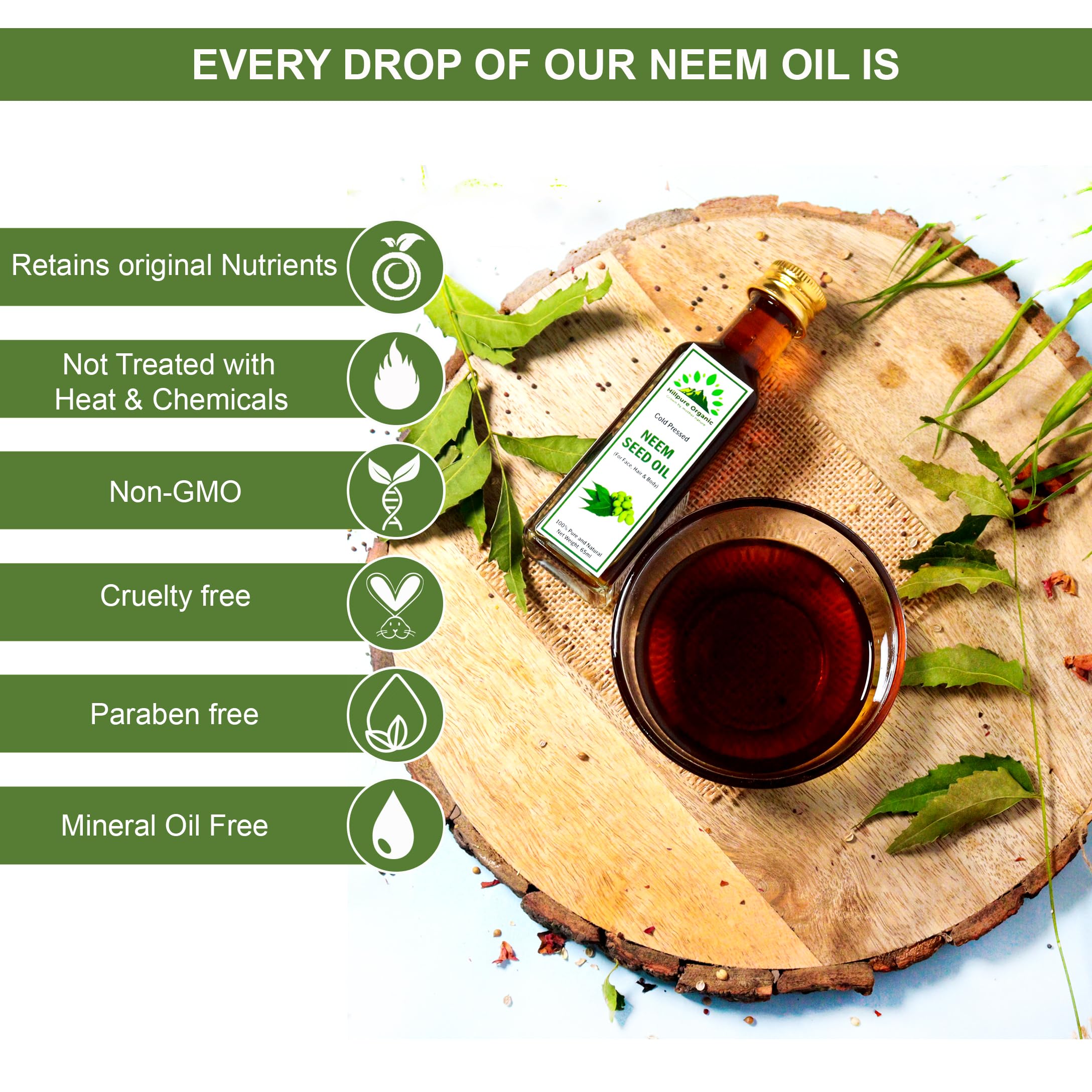 Organic Cold Pressed Neem Seed Oil 100% Pure Natural for Face Hair & Body - Premium Skin Care & Hair Treatment - Glass Bottle 65ml - Ideal for Acne Treatment, Scalp Care & Moisturizing