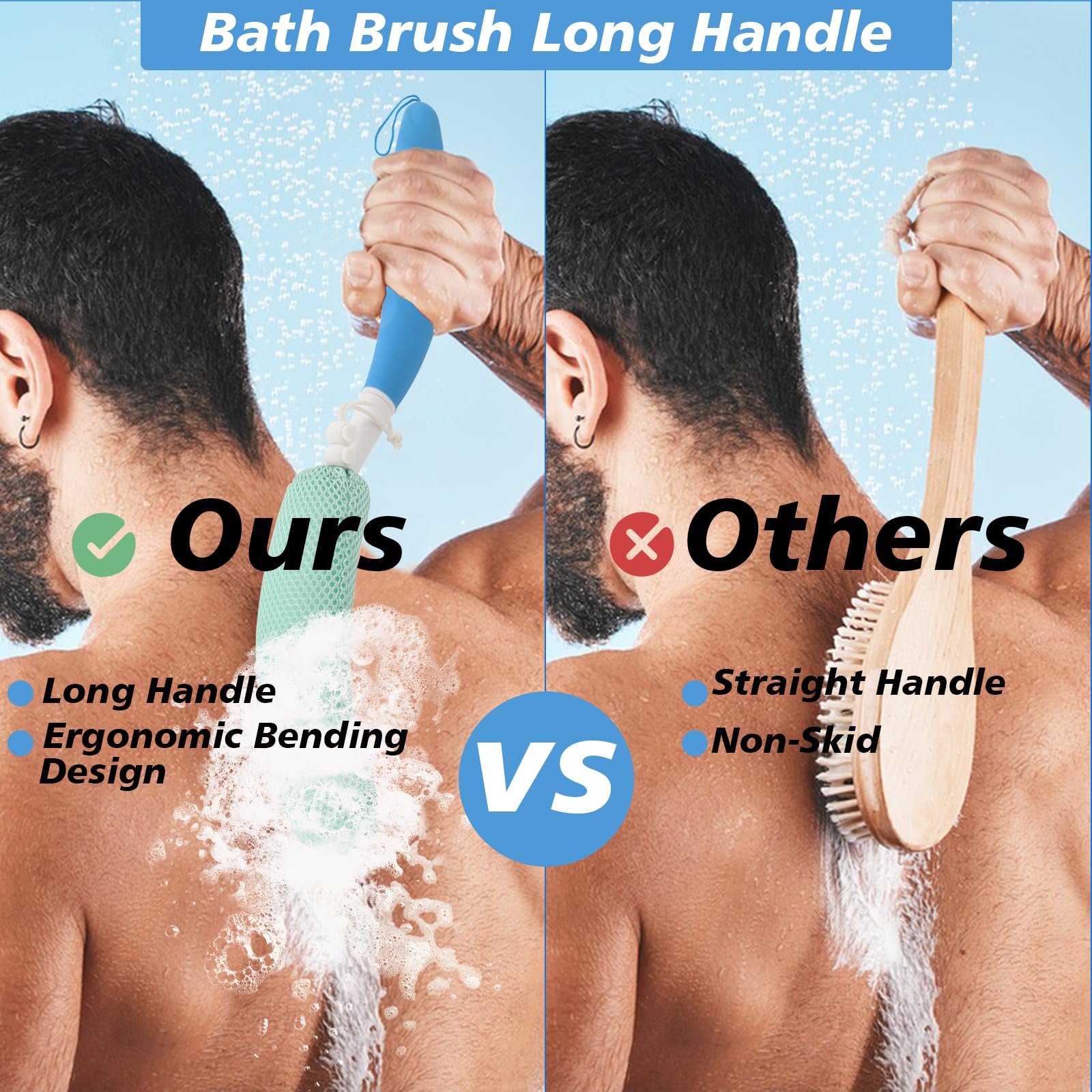 KkaFFe Long Handle Back Scrubber with Mesh Sponge - Exfoliating Shower Brush for Deep Cleaning & Skin Renewal | Perfect for Hard-to-Reach Areas, Bath & Body Care (Blue-Green)